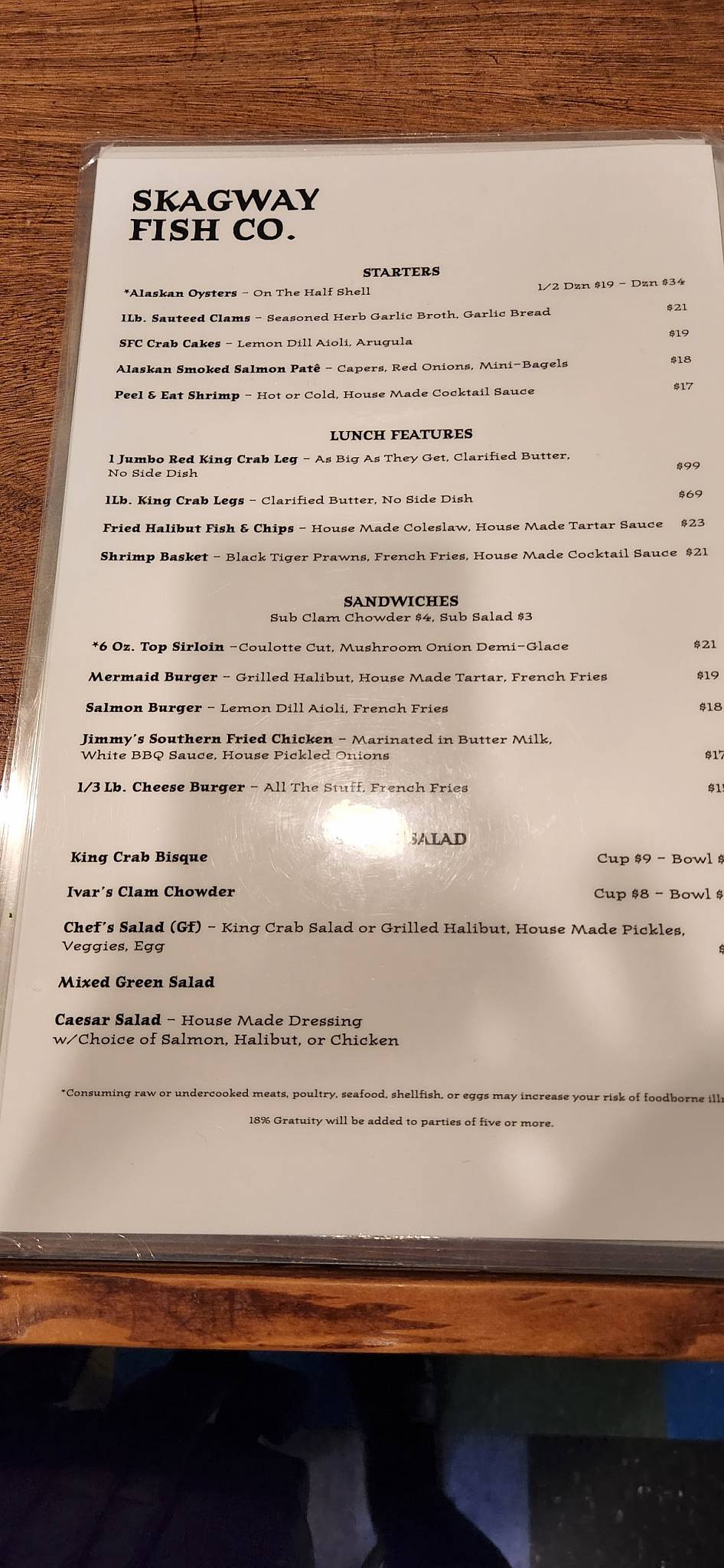 Menu at Skagway Fish Company restaurant, Skagway