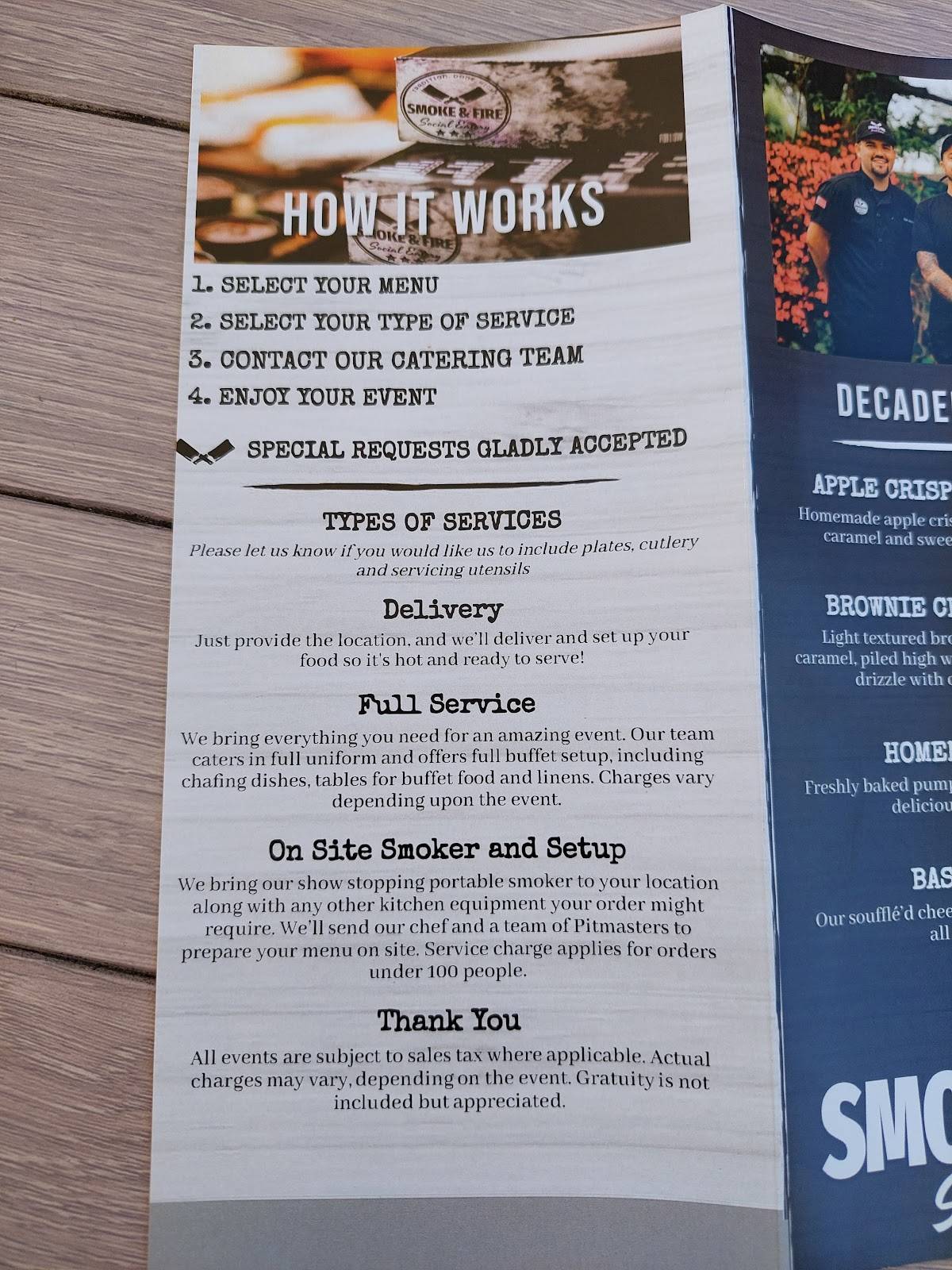 Menu at Smoke and Fire Social Eatery BBQ, Riverside