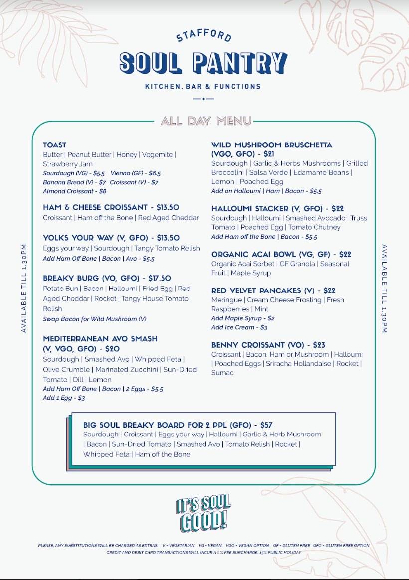 Menu at Soul Pantry Cafe, Stafford