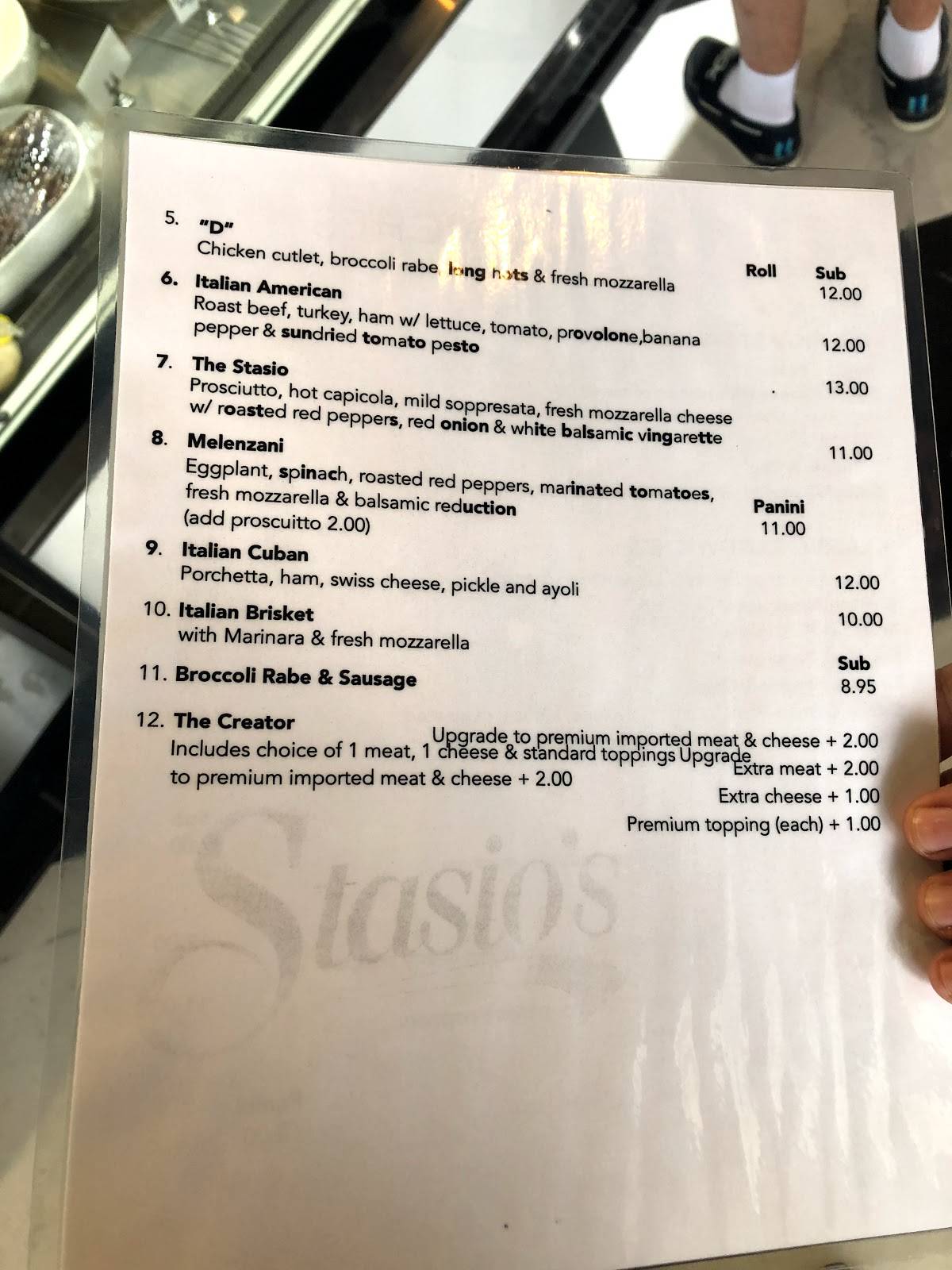 Menu at Stasio's Italian Deli & Market restaurant, Orlando