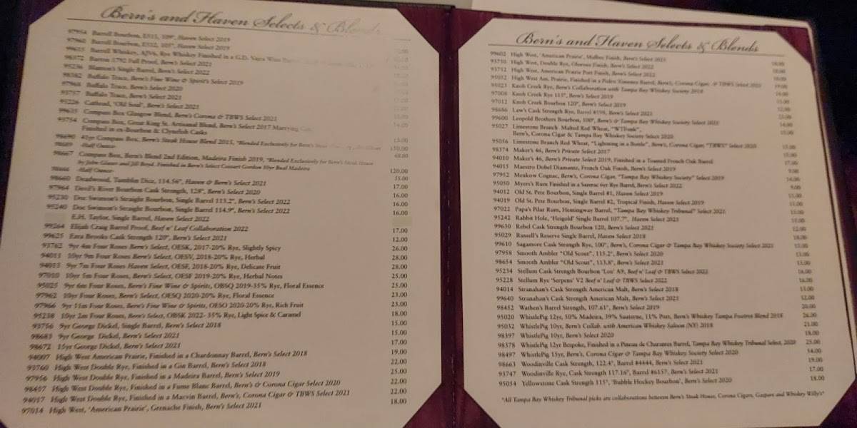 Menu at Bern's Steak House steakhouse, Tampa, 1208 S Howard Ave