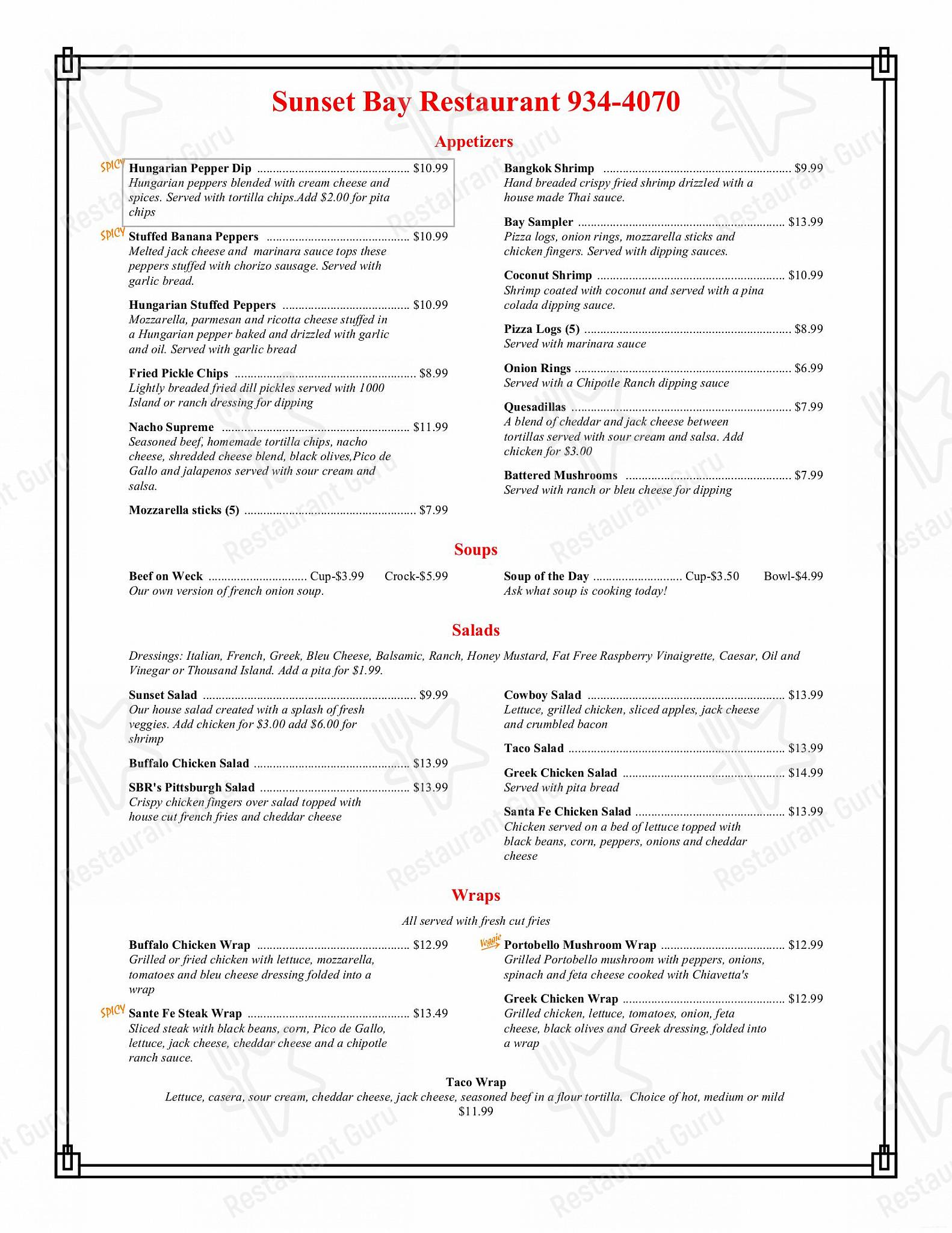 Menu at Sunset Bay Restaurant, Irving, 954 Main Rd