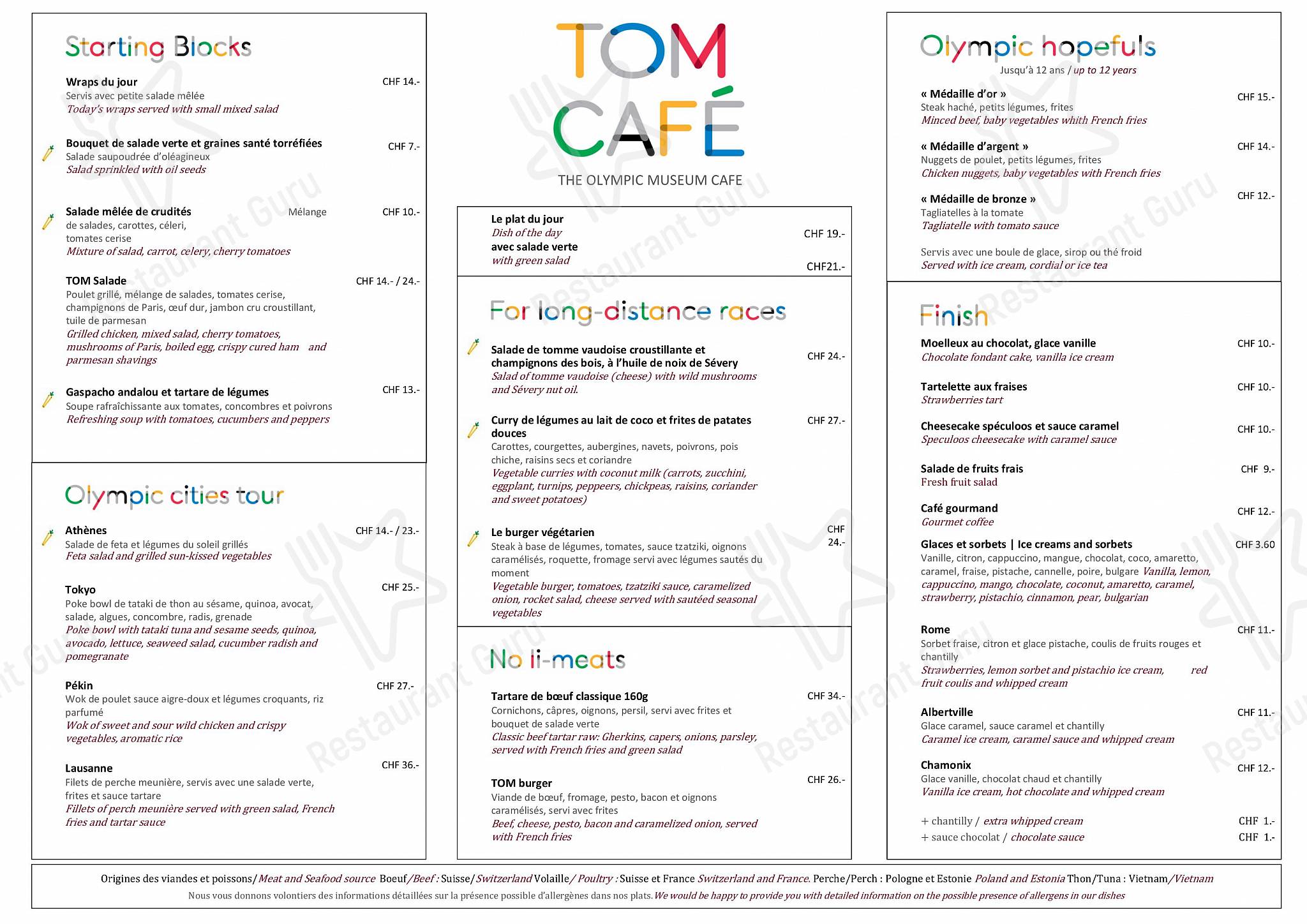 Menu at Restaurant du Musée Olympique (TOM Café), Lausanne