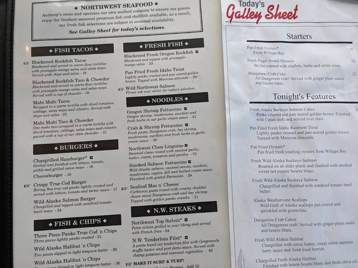 Menu at Anthony's At Point Defiance restaurant, Tacoma