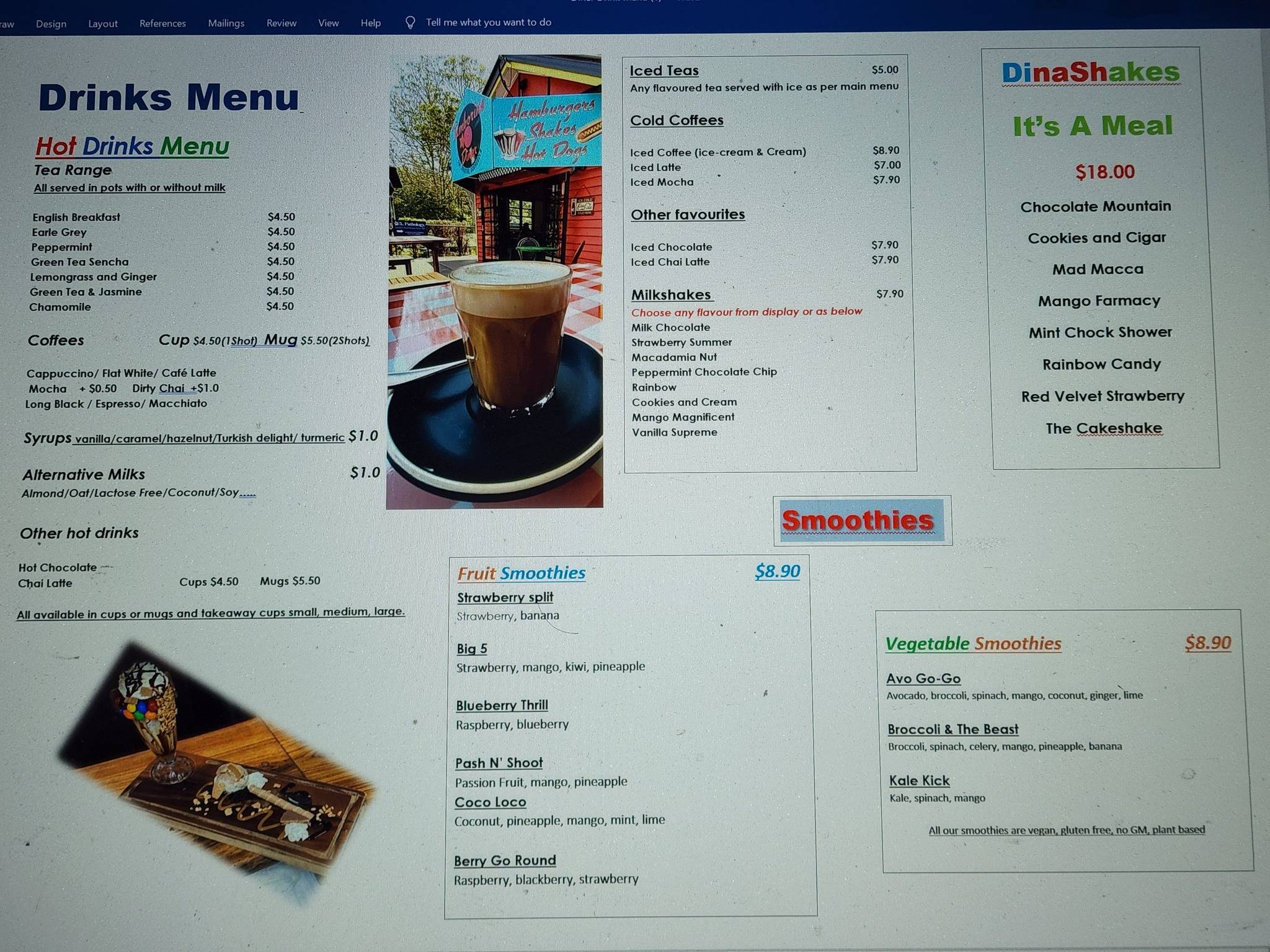 Menu at Tamborine Diner restaurant, Tamborine Mountain