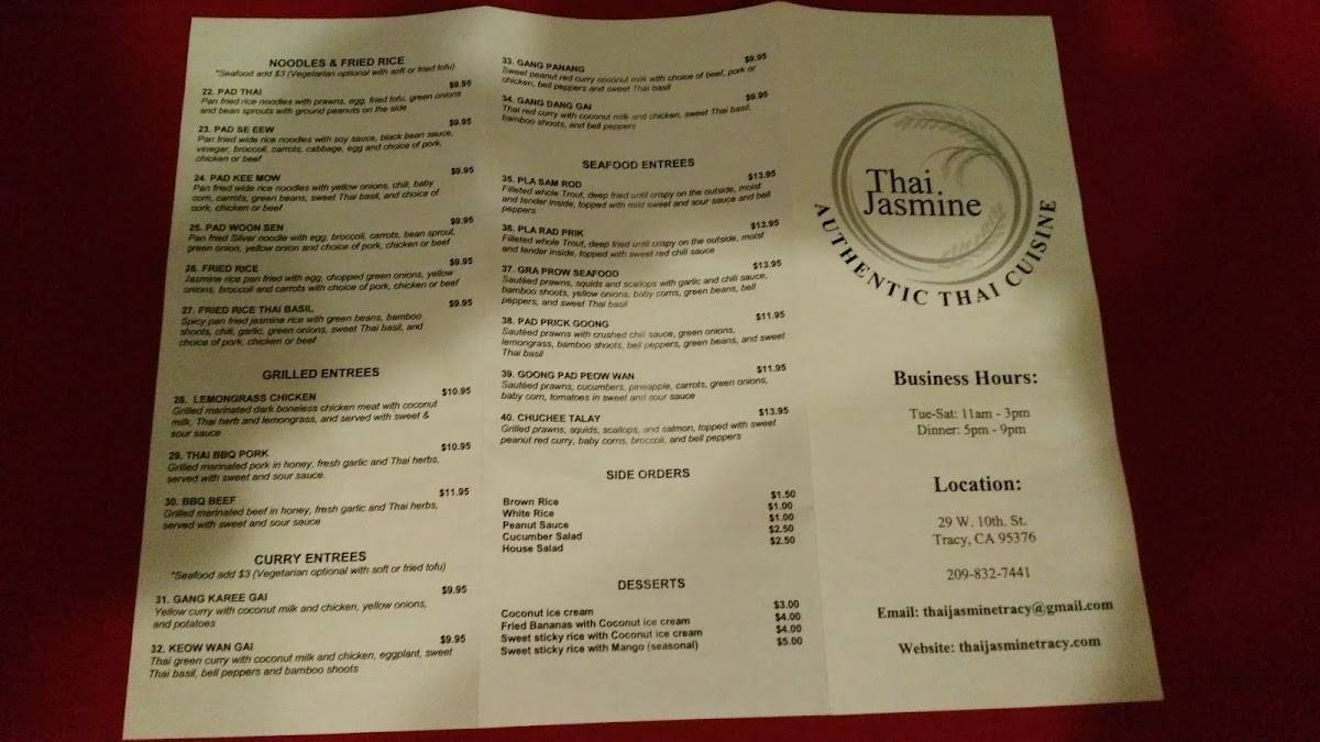 Menu At Thai Jasmine Restaurant Tracy