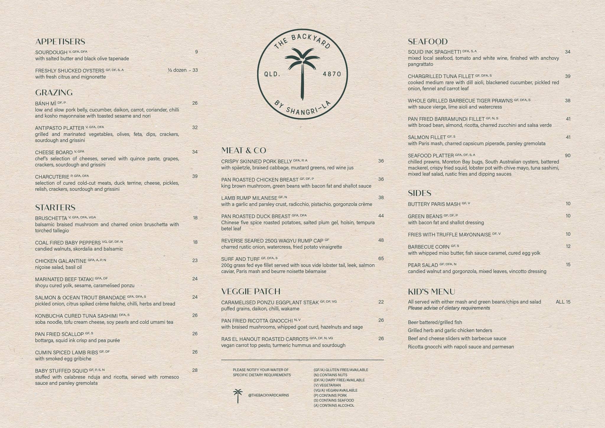 Menu at The Backyard Cairns restaurant, Cairns