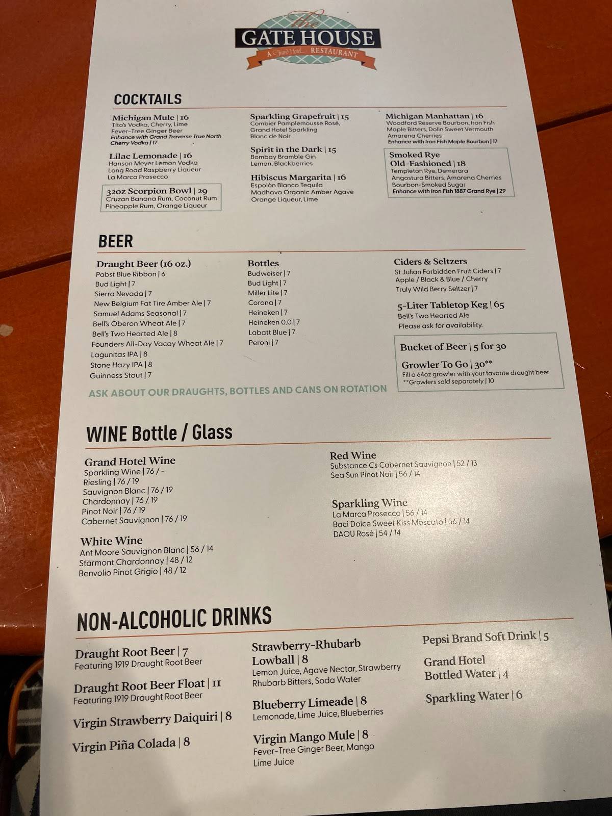 Menu at The Gate House restaurant, Mackinac Island