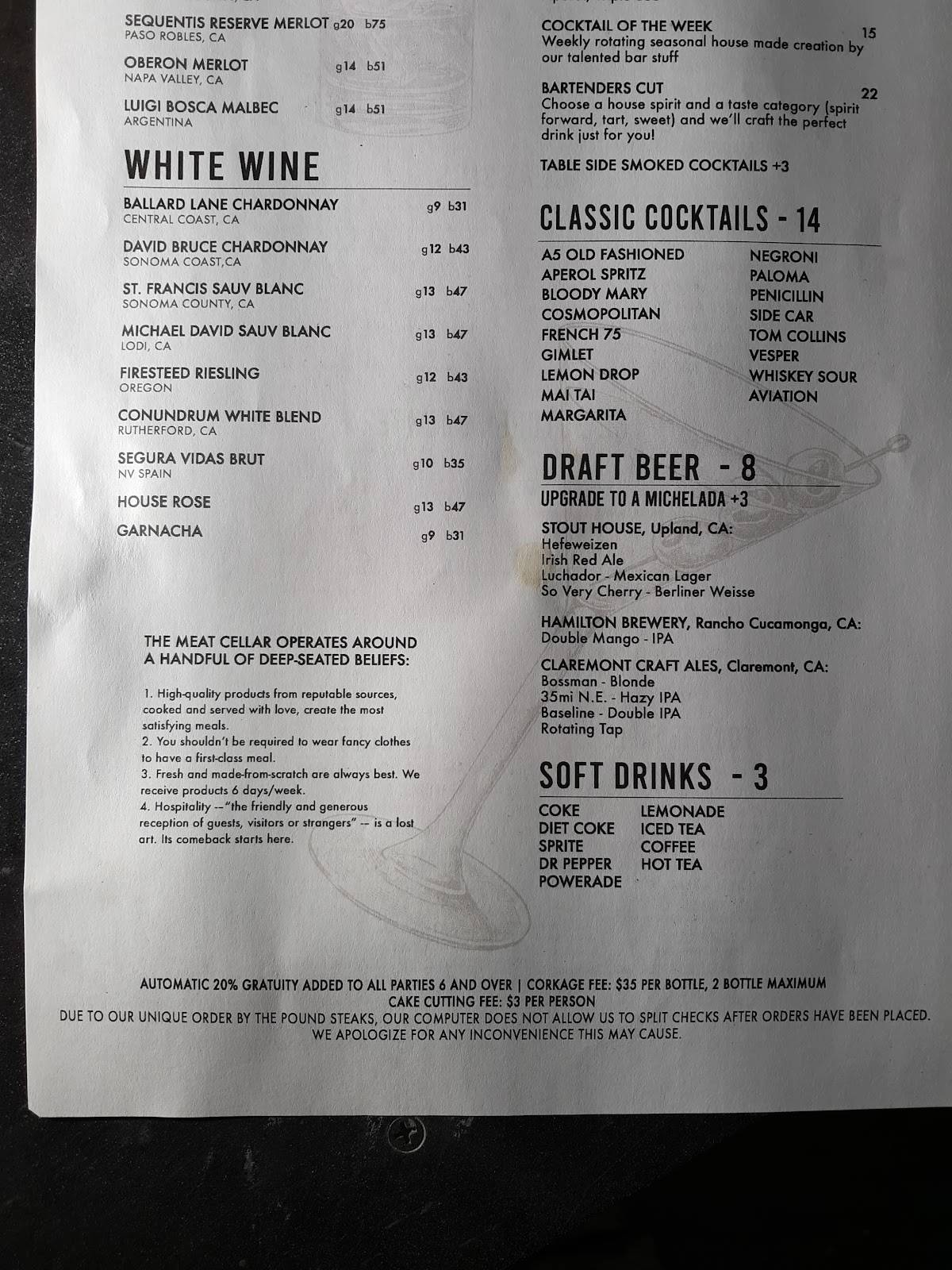 Menu at The Meat Cellar steakhouse, Claremont, 160 W Foothill Blvd