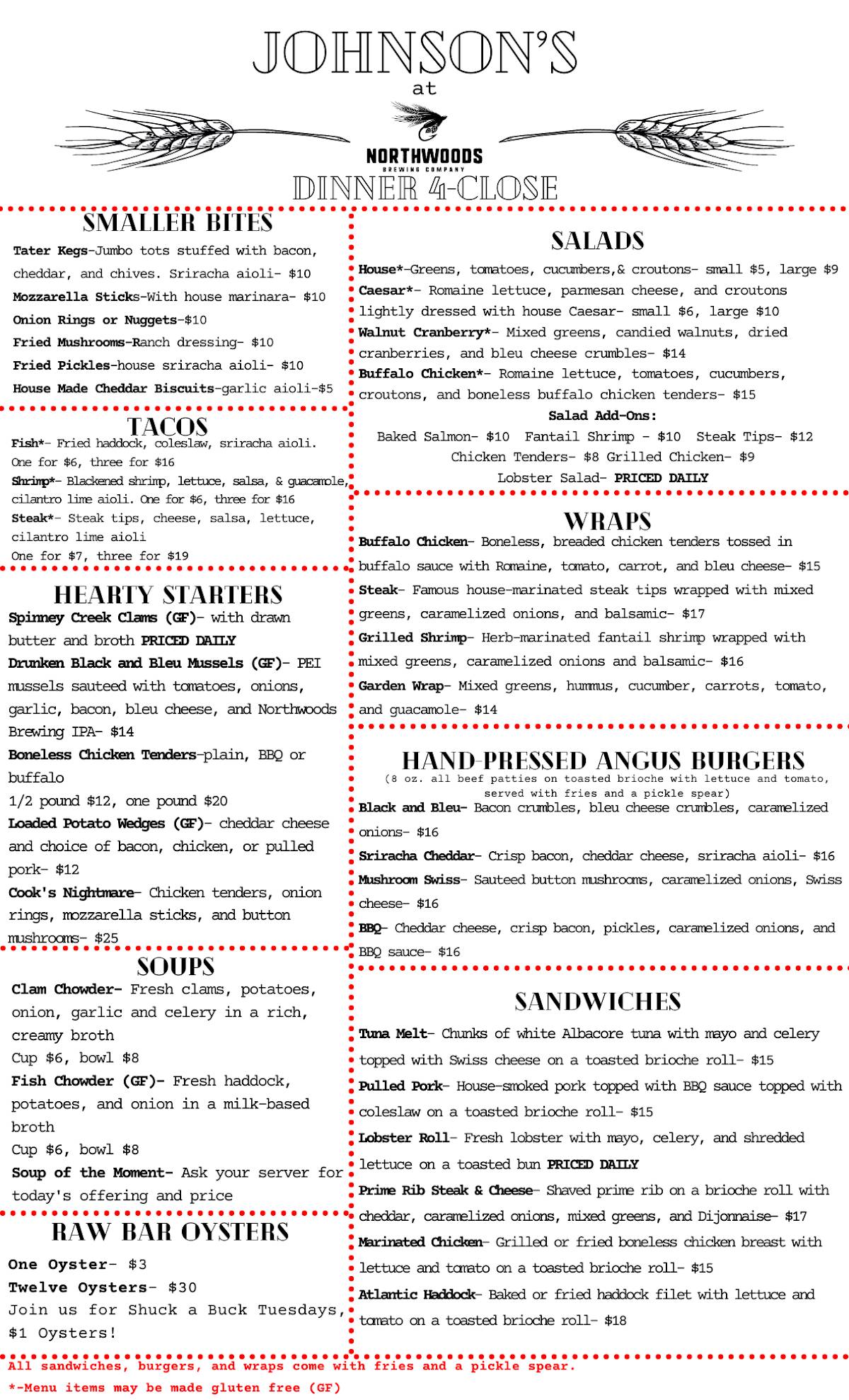 Menu at The Original Johnson's Dairy Bar at Northwoods Brewing Company