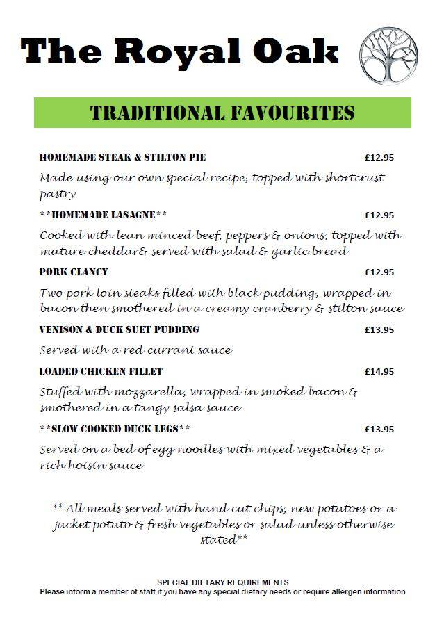 Menu At The Royal Oak Pub Bar Clowne High St