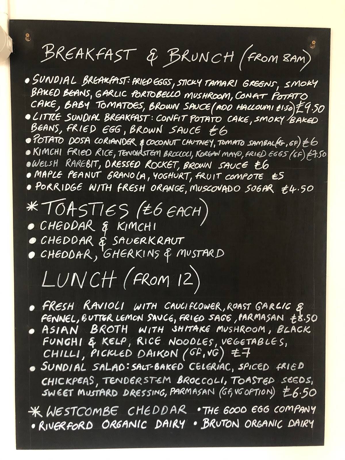 Menu at The Sundial Kitchen cafe, Bristol