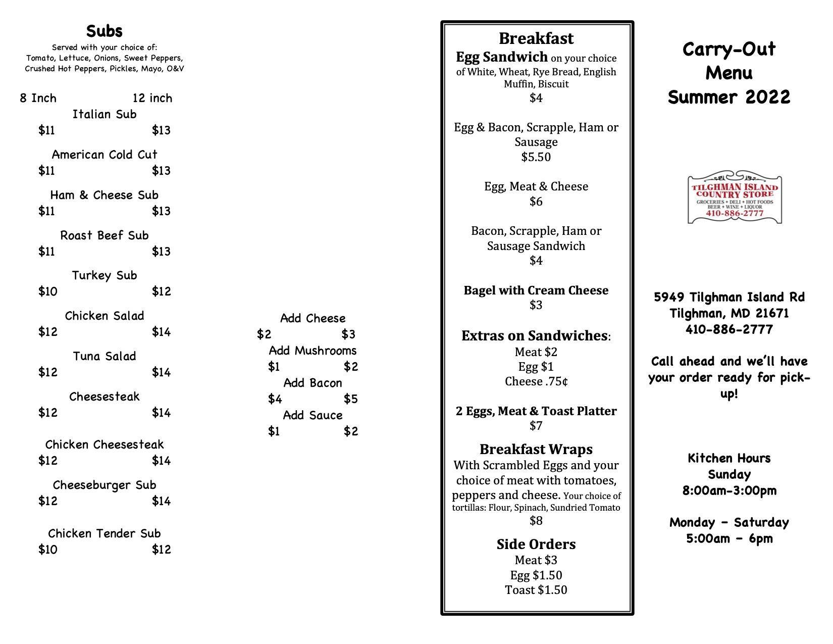 Menu at Tilghman Island Country Store restaurant, Tilghman Island