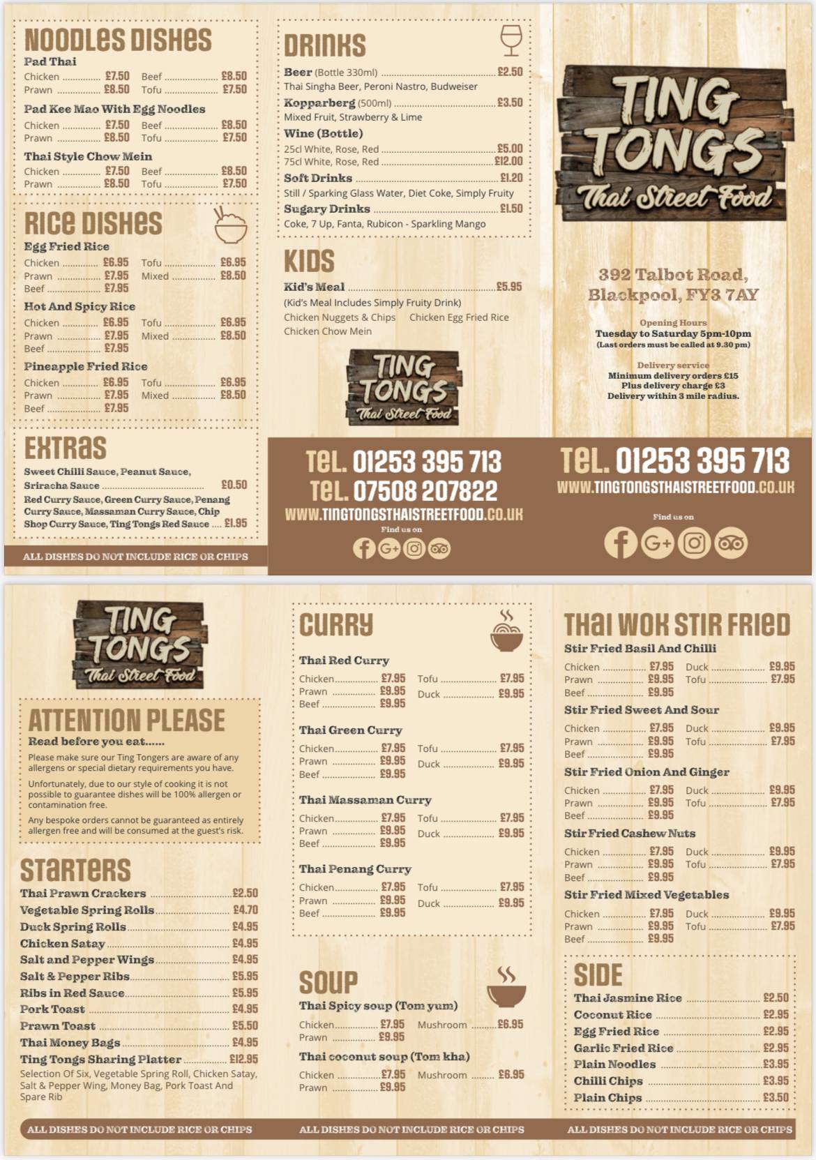Menu at Ting Tongs Thai Street Food restaurant, Blackpool
