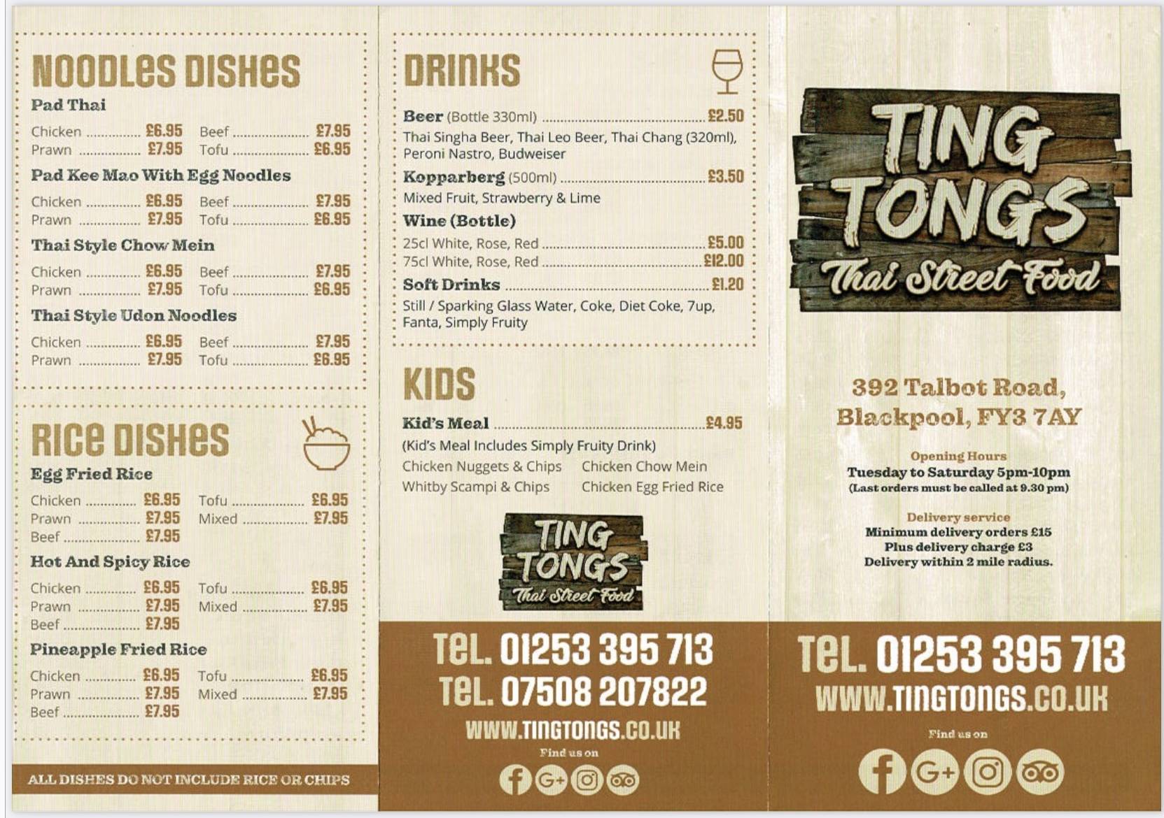 Menu at Ting Tongs Thai Street Food restaurant, Blackpool