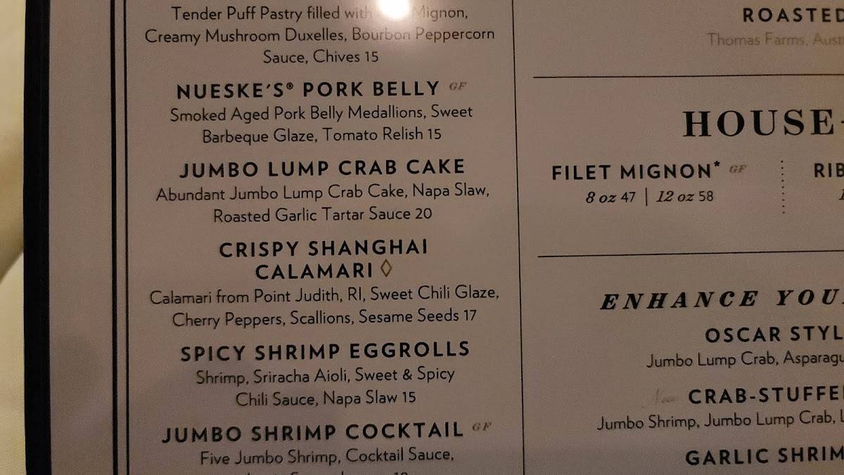 Menu at Sullivan's Steakhouse, Tucson
