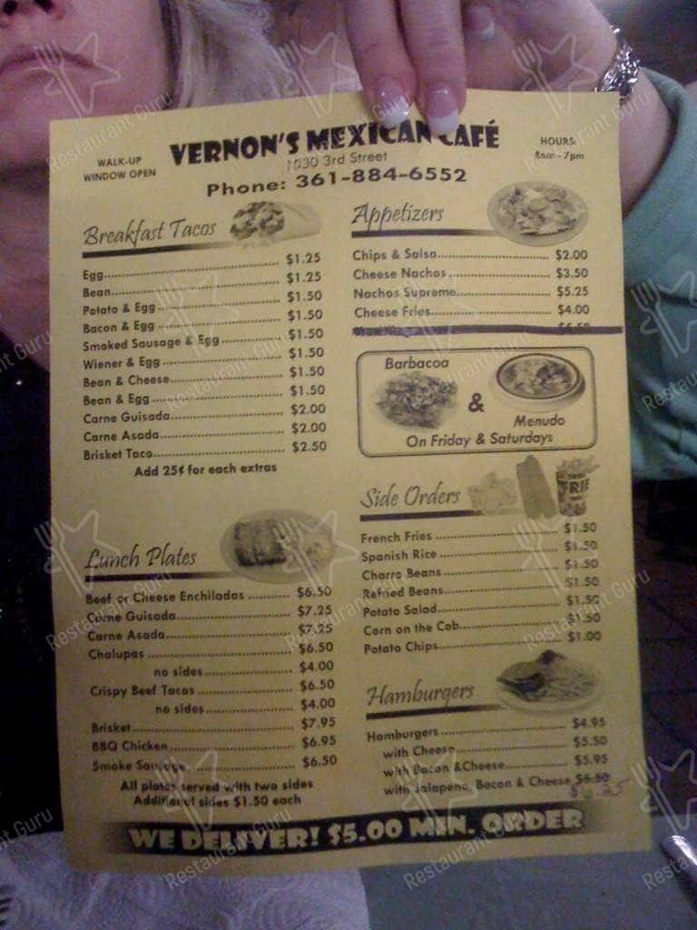 Menu at Vernon's BBQ, Corpus Christi