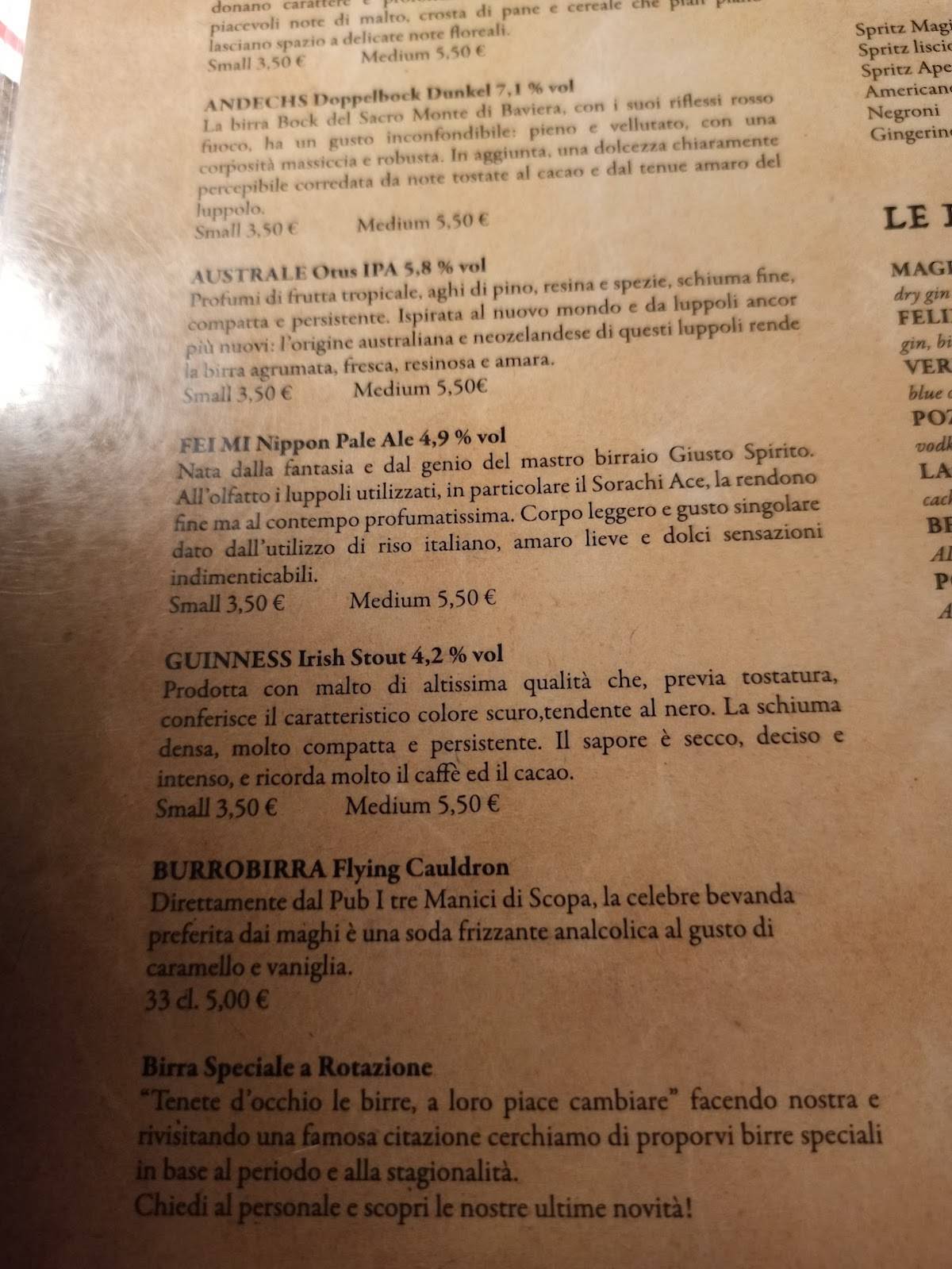 Menu da Nimbus Pub, Vicenza