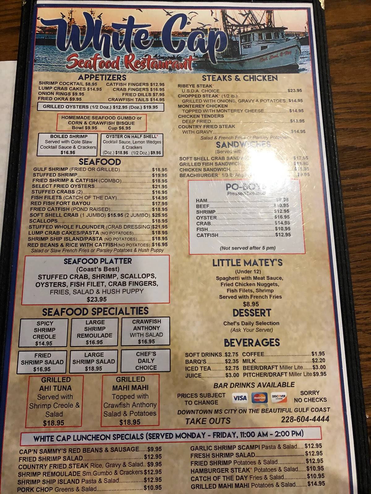 Menu at White Cap Restaurant, Gulfport, 560 Beach Dr