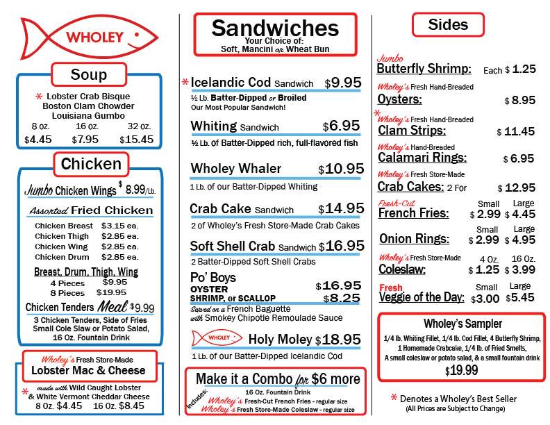 Menu at Wholey's Fish Market restaurant, Pittsburgh