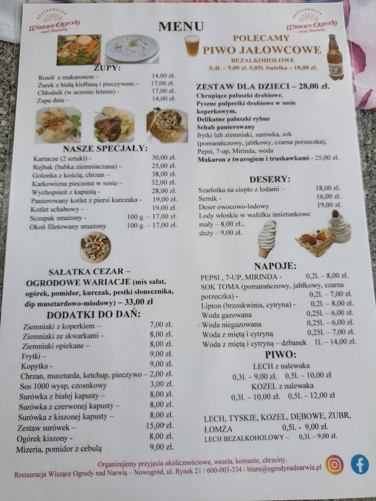 Menu at Wiszące Ogrody nad Narwią pub & bar, Nowogród