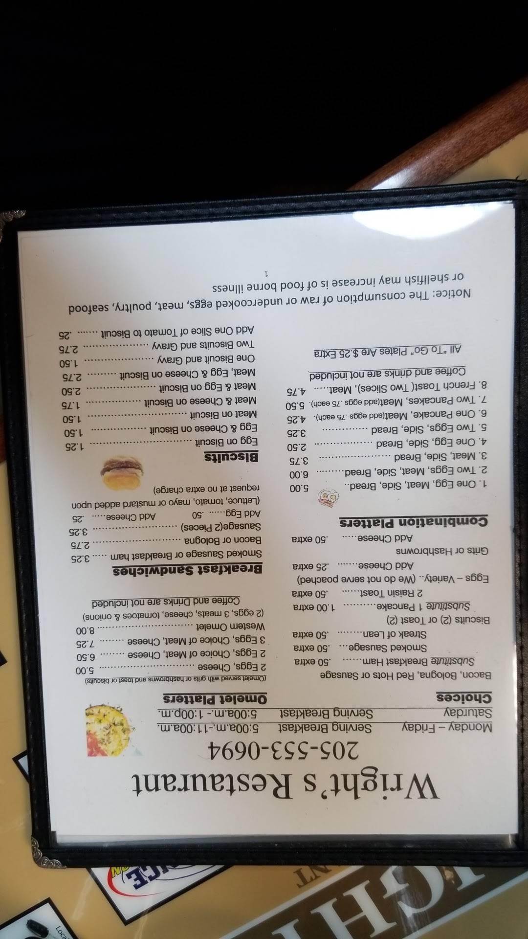 Menu at Wright's Restaurant, Tuscaloosa