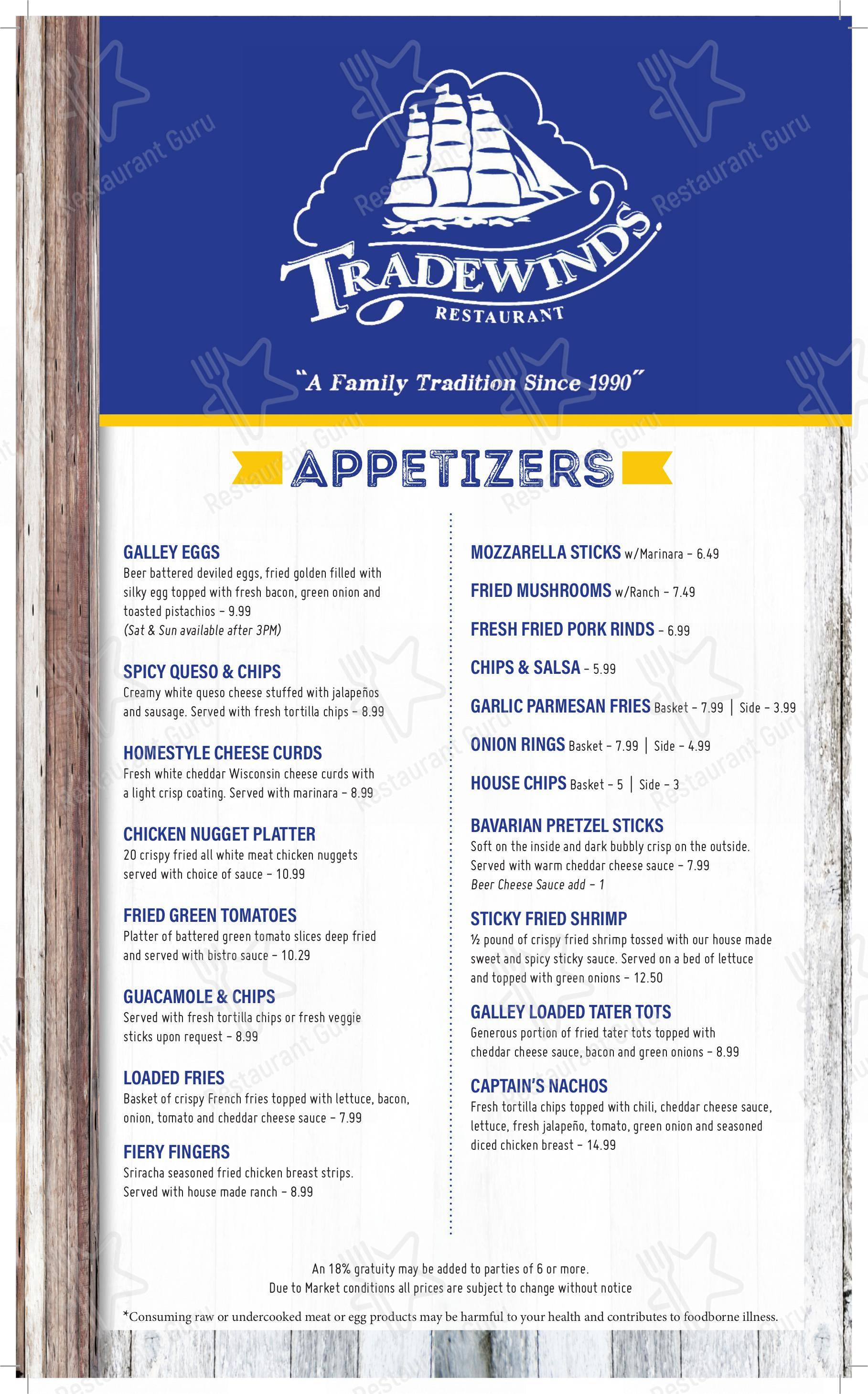 Menu at Tradewinds Restaurant, Mishawaka