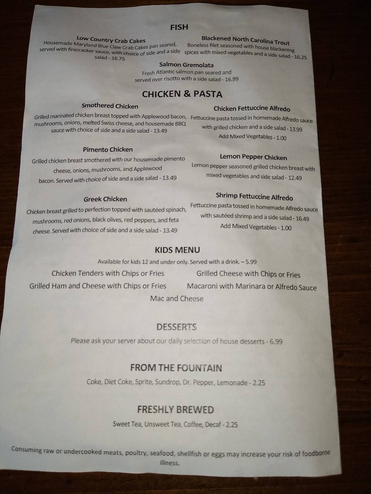 Menu at 238 Cherokee Grill steakhouse, Kings Mountain