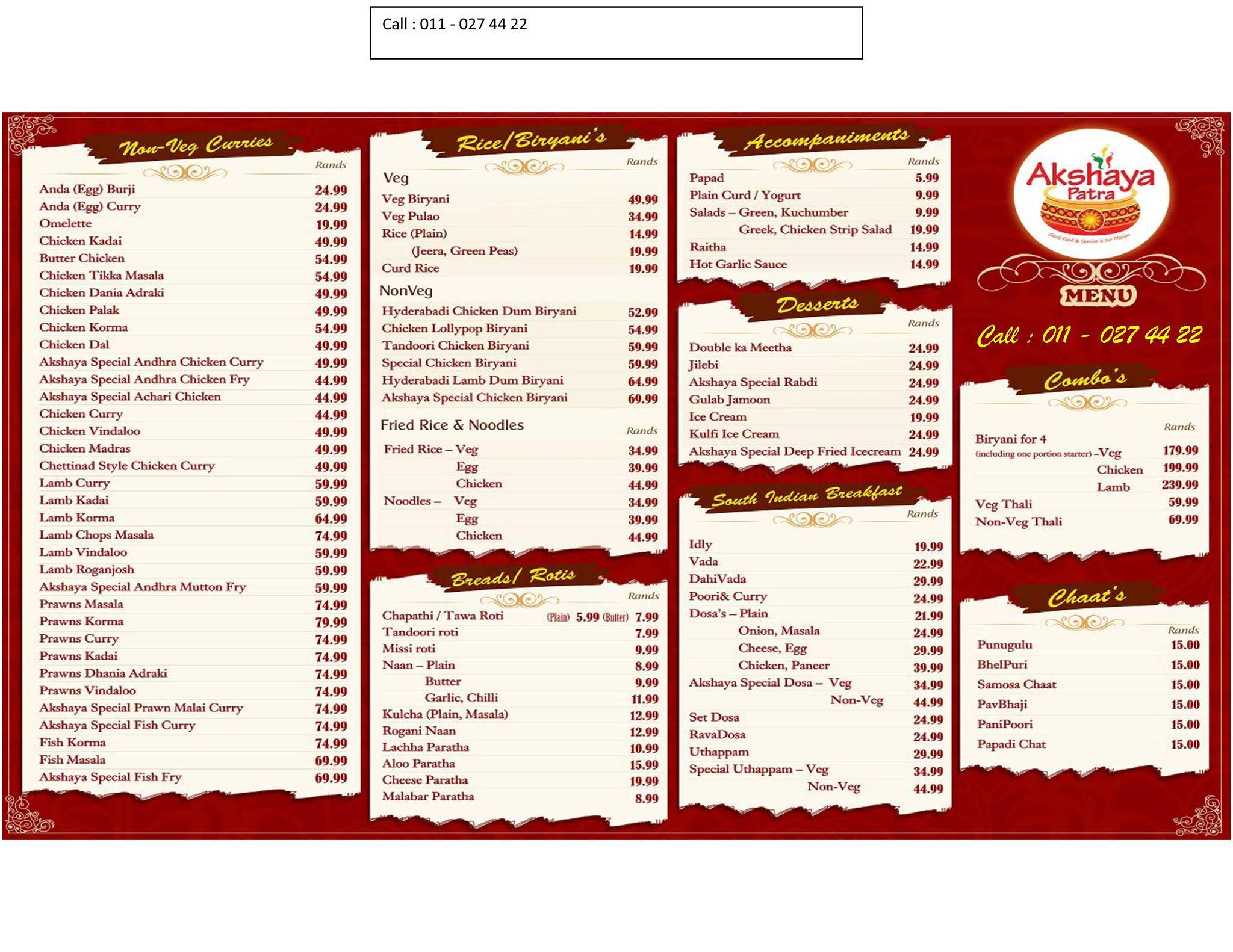 Menu at Akshaya Patra, Authentic Indian Restaurant, Midrand