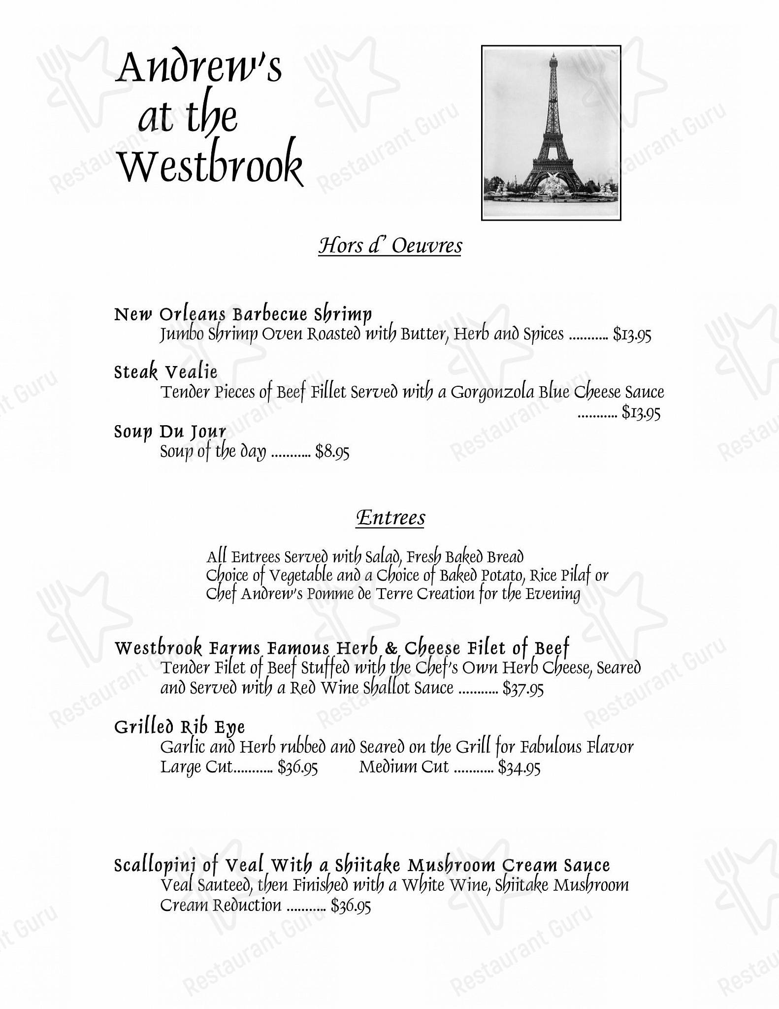 Menu at Andrews at the Westbrook restaurant, Paris