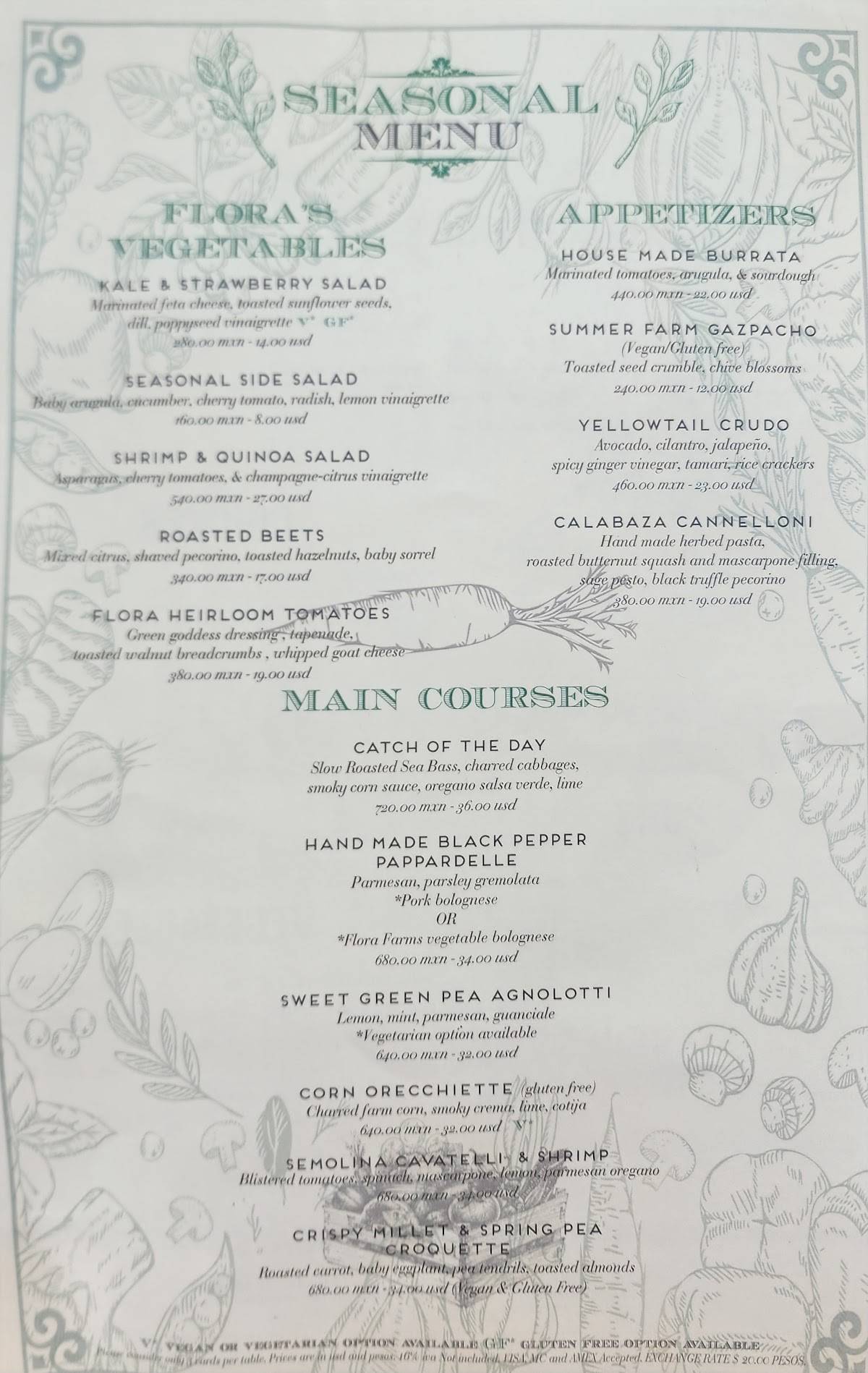 Menu at Flora Farms pub & bar, San José del Cabo, Carretera