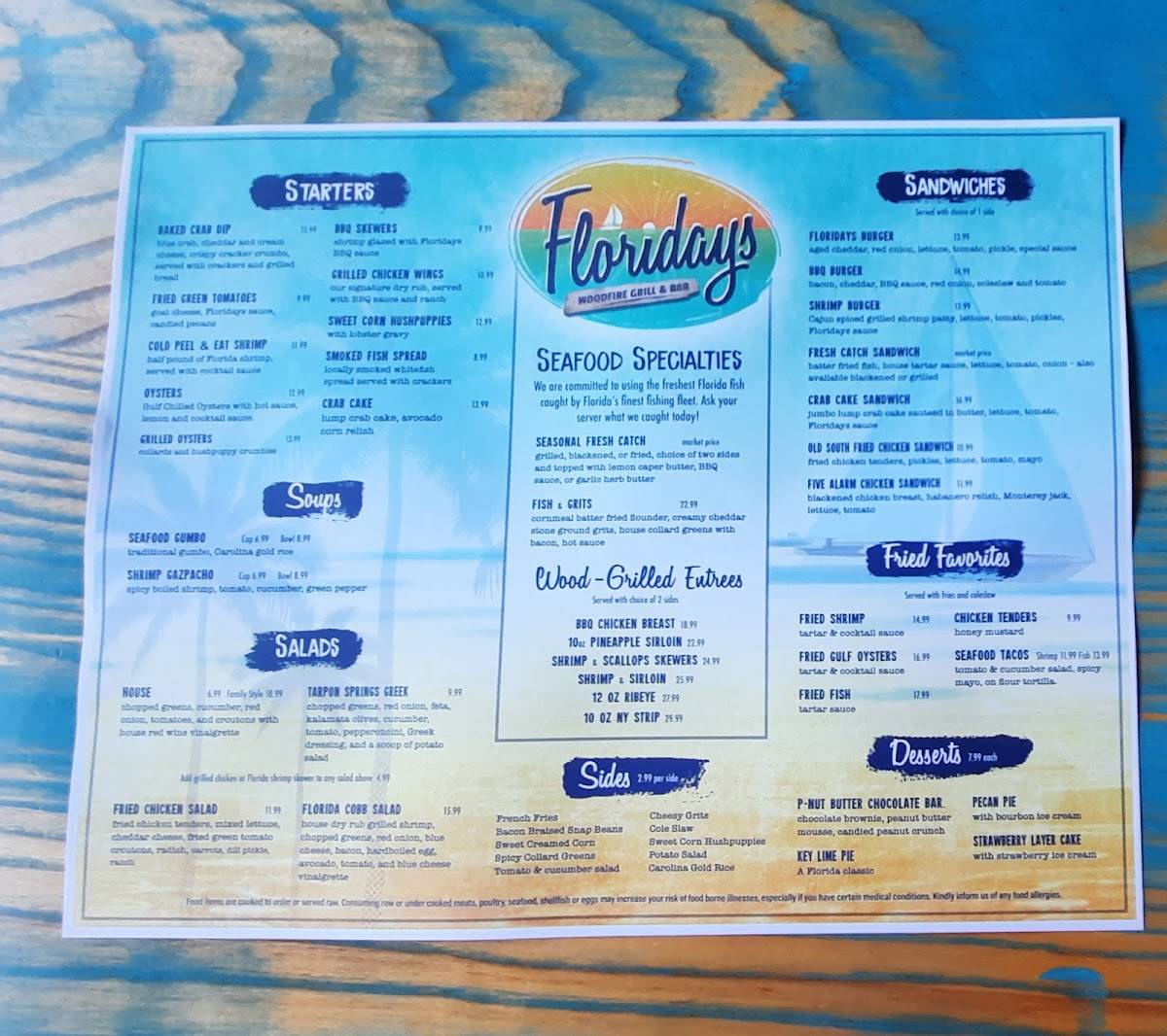 Menu at Floridays Woodfire Grill & Bar, Bradenton