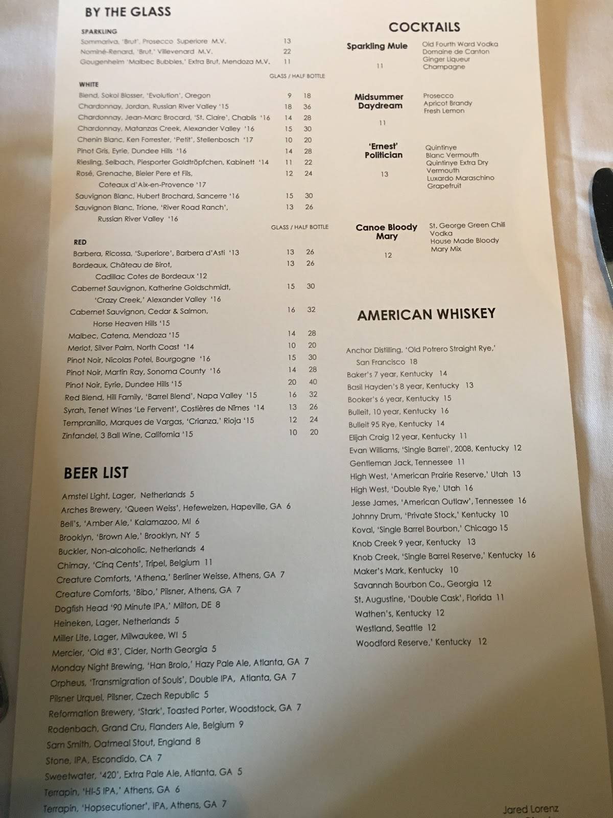Menu at Canoe restaurant, Atlanta, Paces Ferry Rd SE