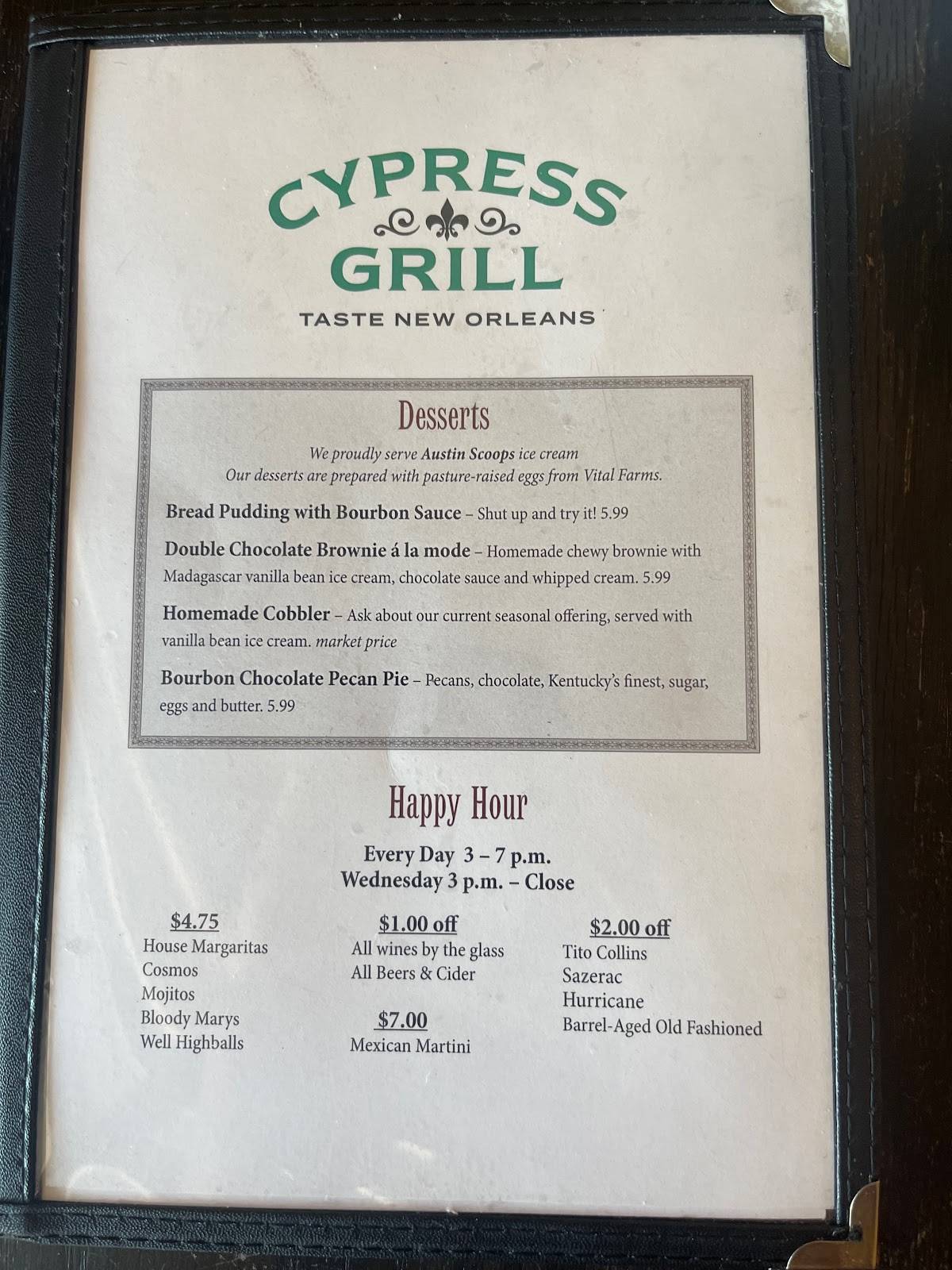 Menu At Cypress Grill Restaurant Austin W William Cannon Dr