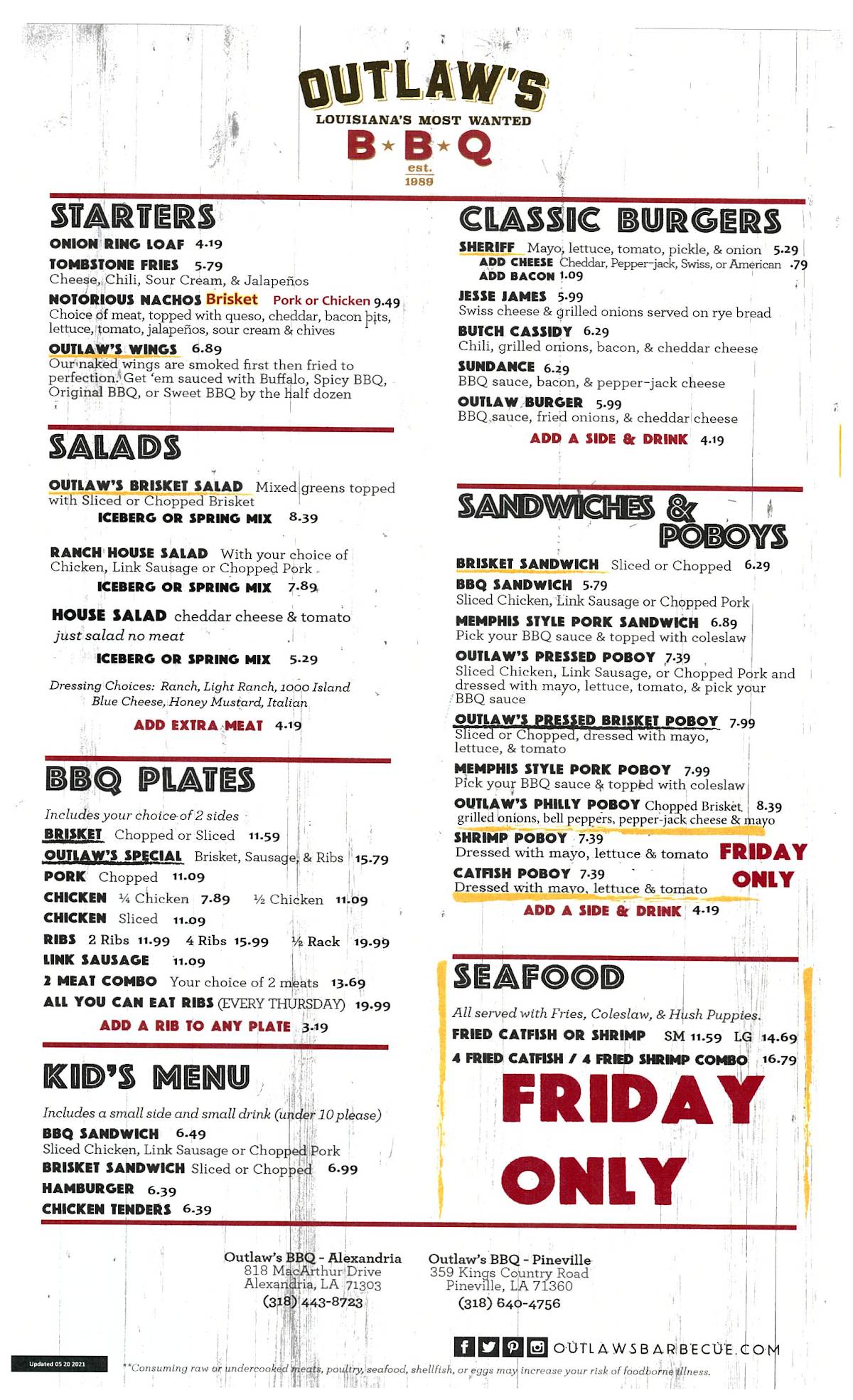 Menu at Outlaws BBQAlexandria, LA, Alexandria