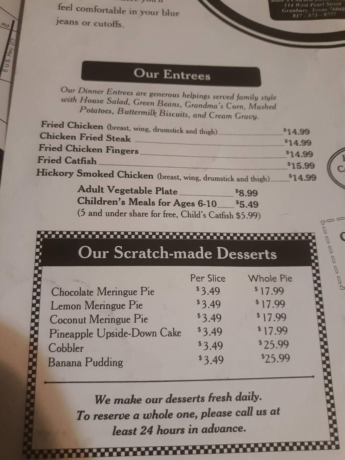 Menu at Babe's Chicken Dinner House restaurant, Granbury