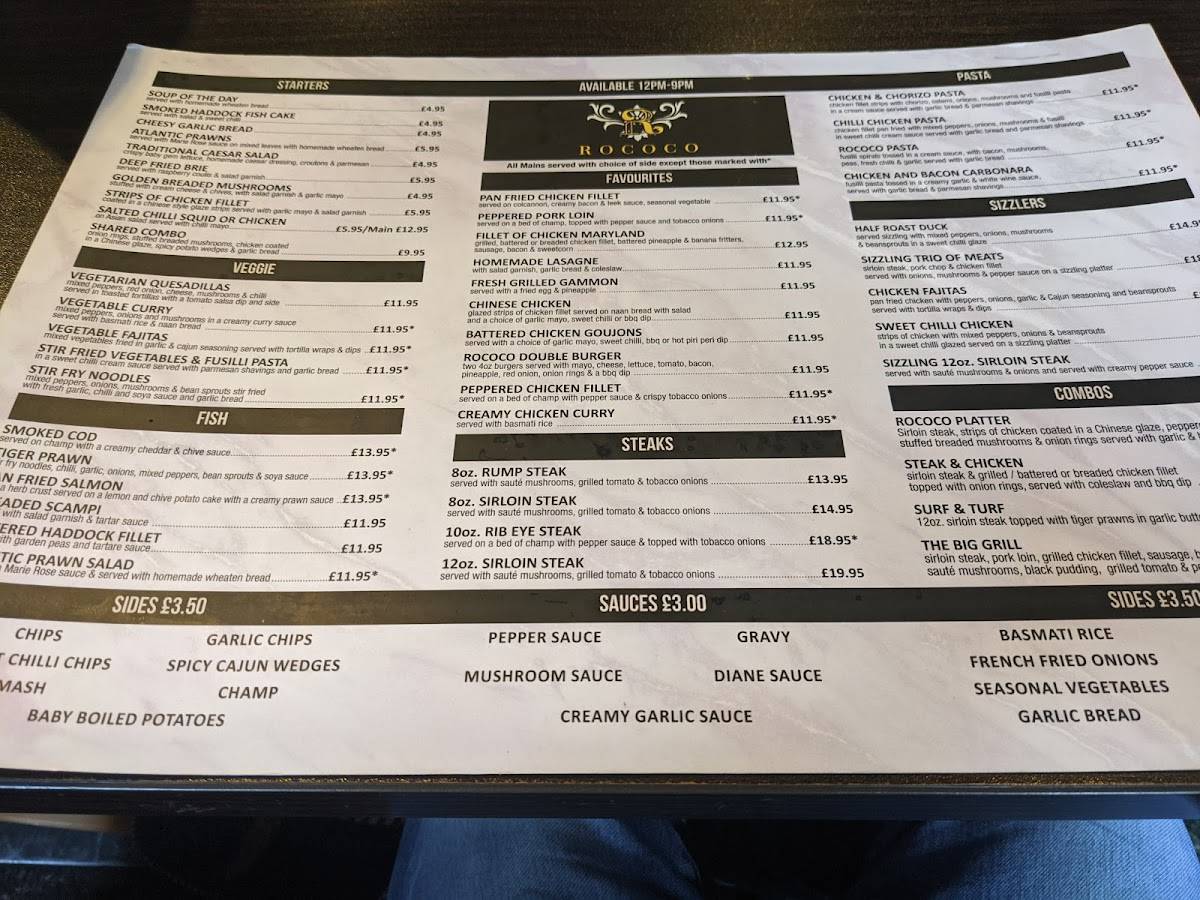 Menu at Rococo steakhouse, Ballymena, 56-58 Mill St