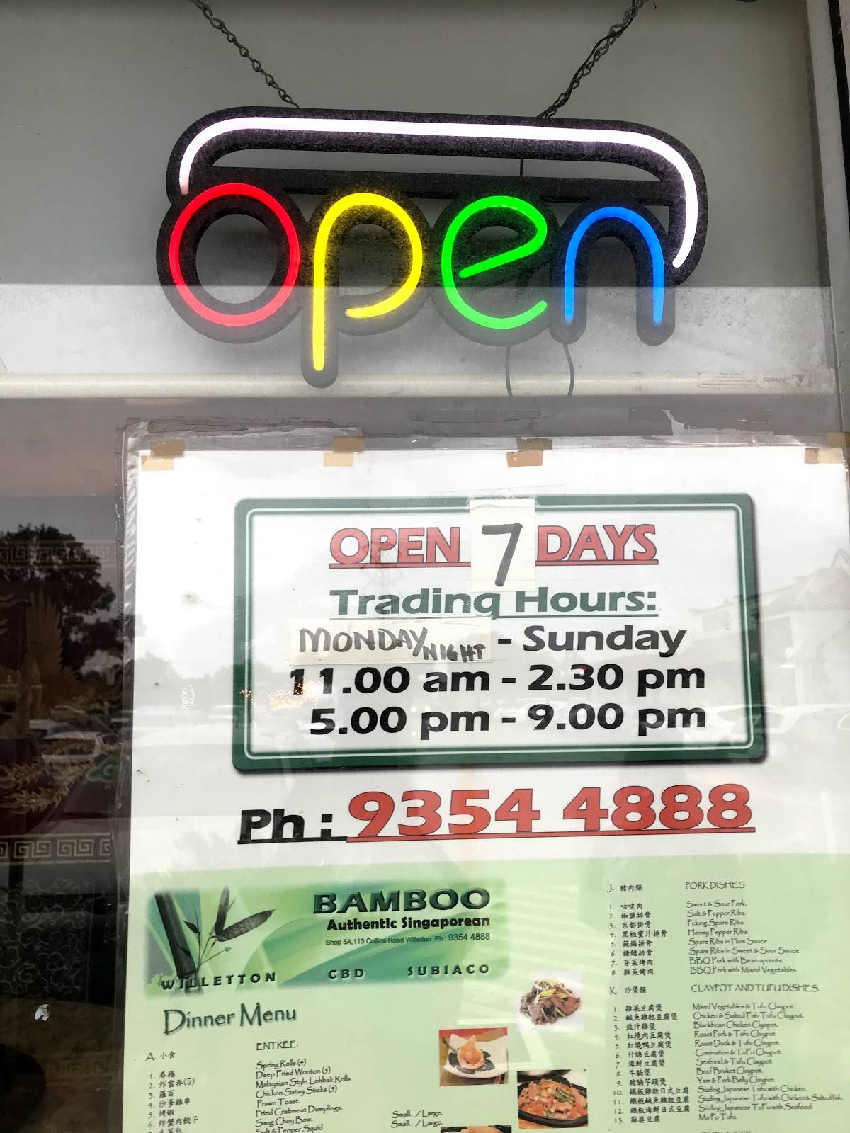 Menu at Bamboo Authentic Singaporean fast food, Willetton