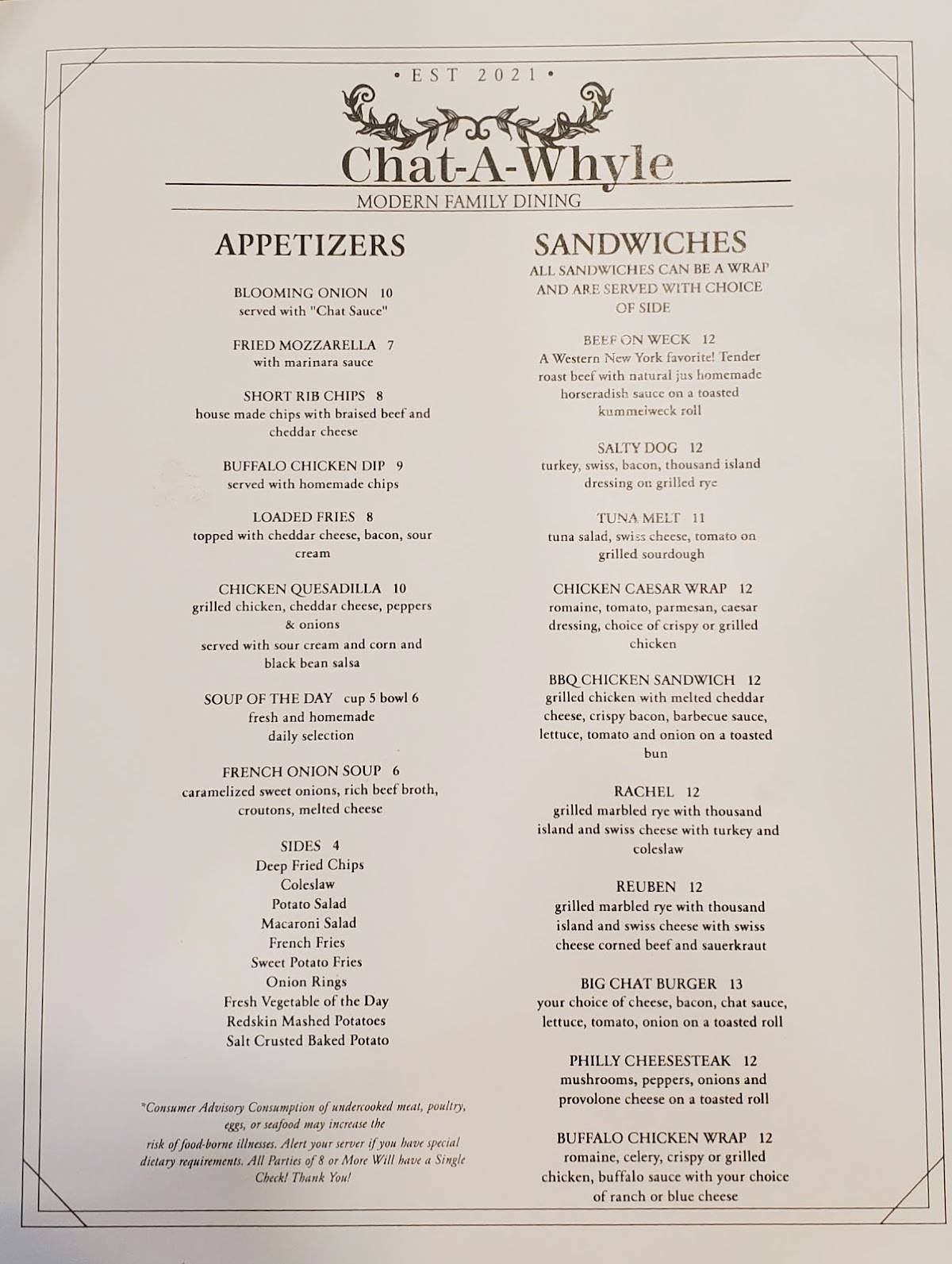 Menu at ChatAWhyle Restaurant, Bath