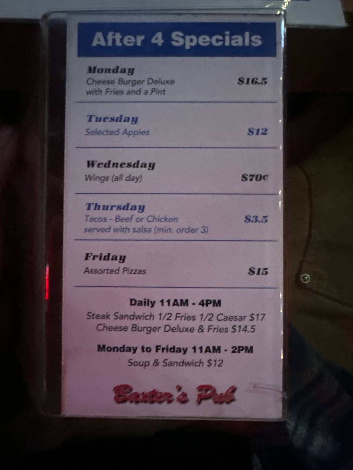 Menu at Baxter's Bar & Grill, Kelowna, Spall Rd