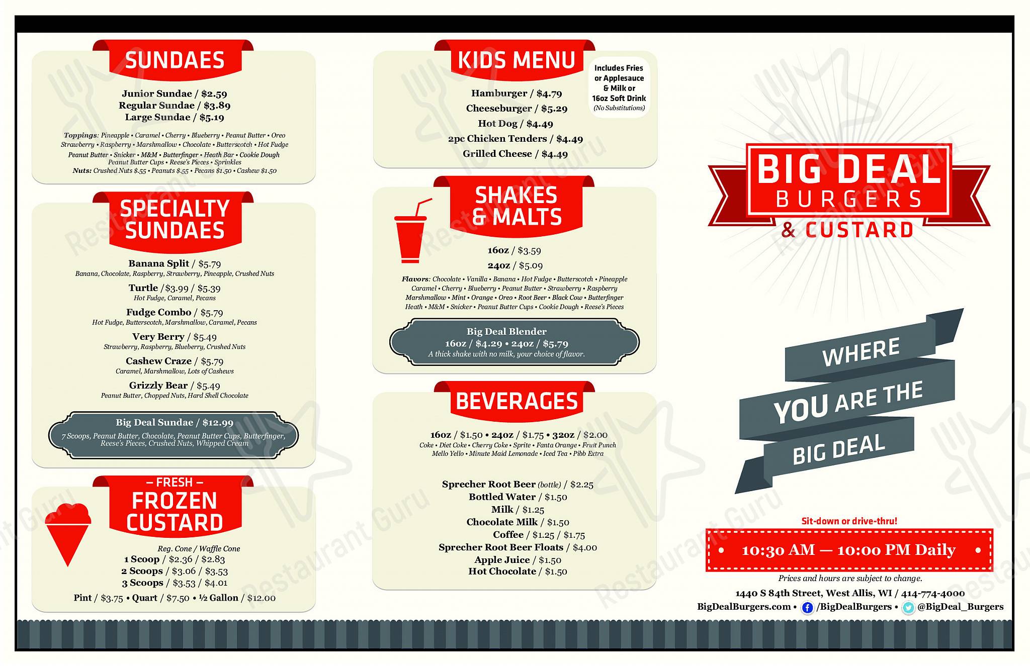 Menu at Big Deal Burgers & Custard restaurant, West Allis