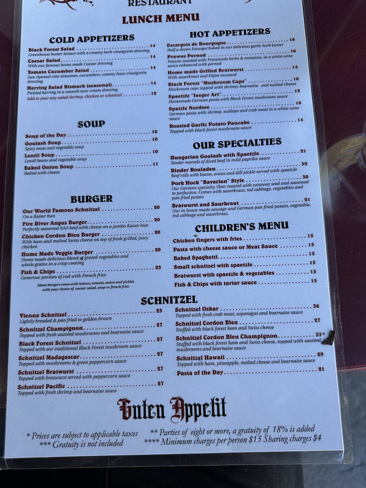 Menu at Black Forest Steak & Schnitzel House restaurant, Harrison Hot