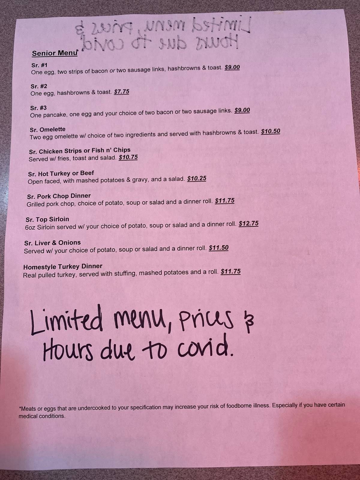 Menu at Bob's Cafe, Moses Lake