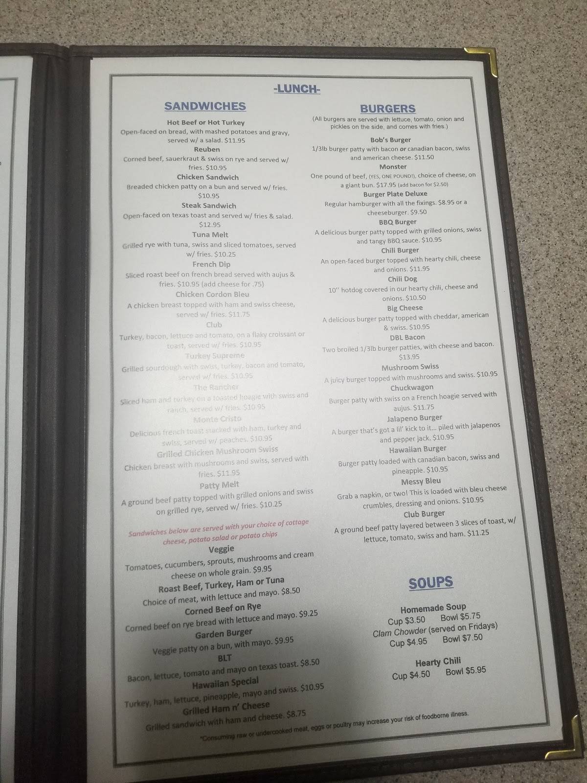 Menu at Bob's Cafe, Moses Lake