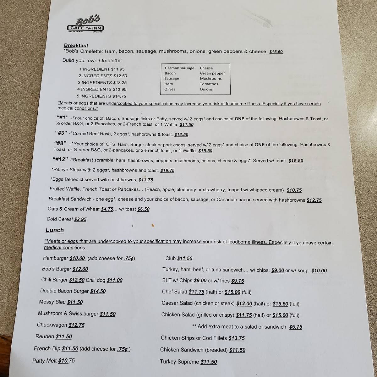 Menu at Bob's Cafe, Moses Lake