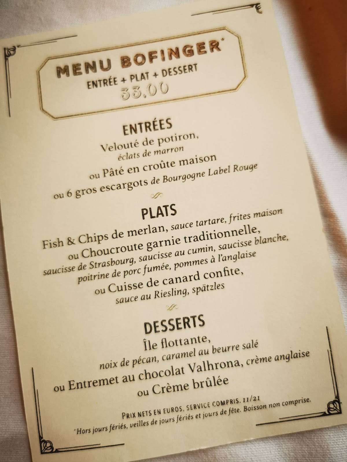 Menu au Bofinger restaurant, Paris, 5-7 Rue de la Bastille