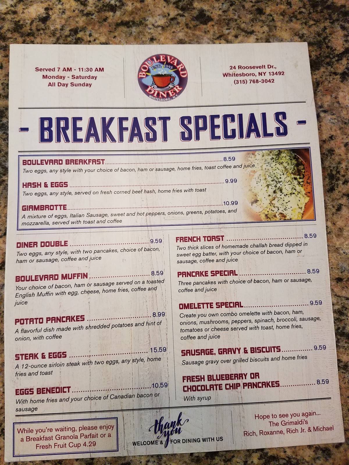 Menu at Boulevard Diner restaurant, Whitesboro