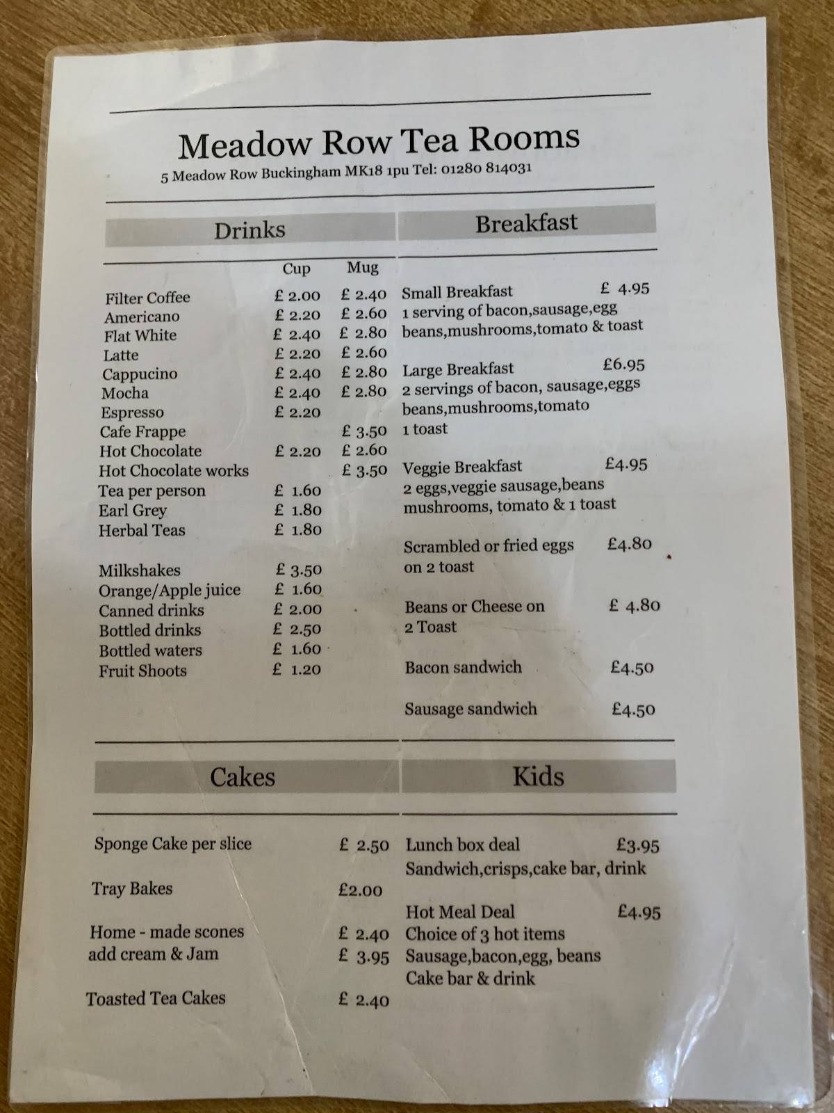 Menu at Meadow Row Tea Rooms &amp; Blackhams China cafe, Buckingham