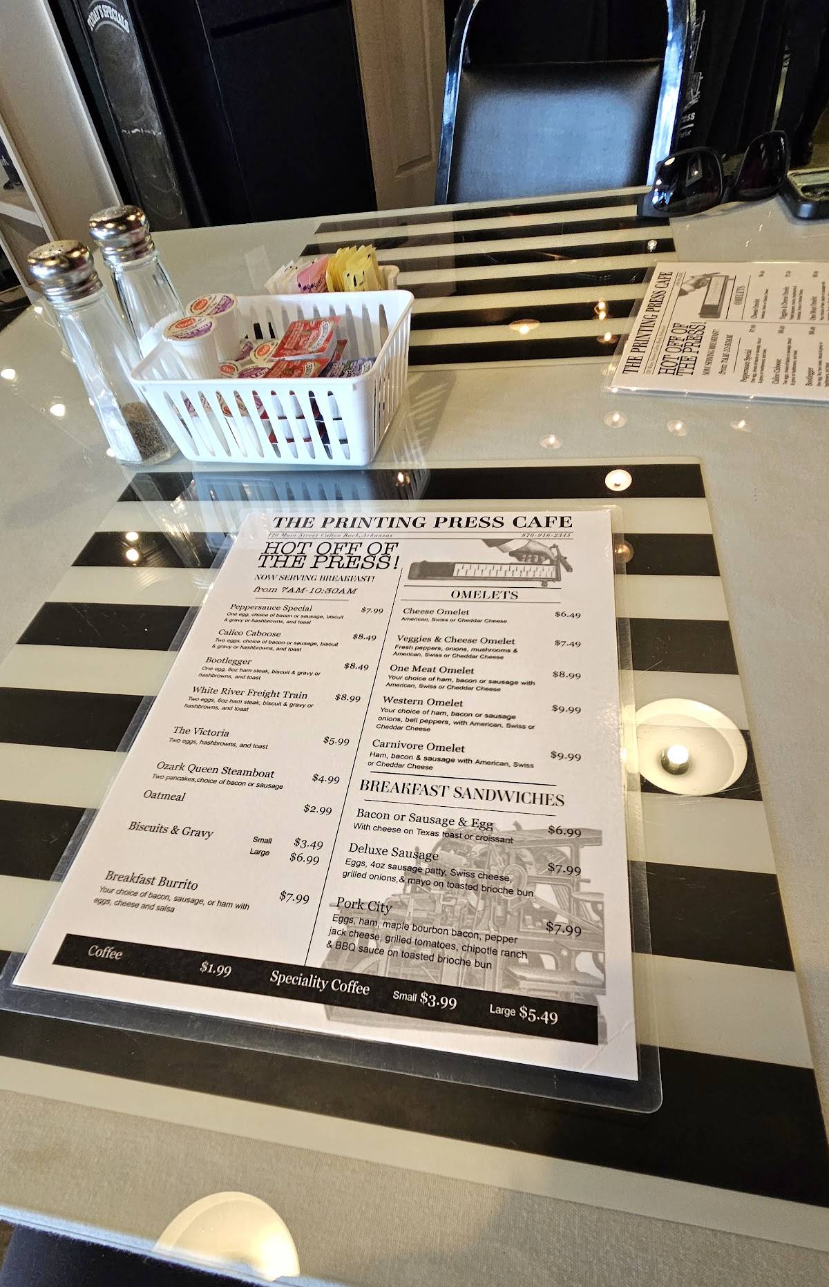 Carta de Printing Press Cafe, Calico Rock