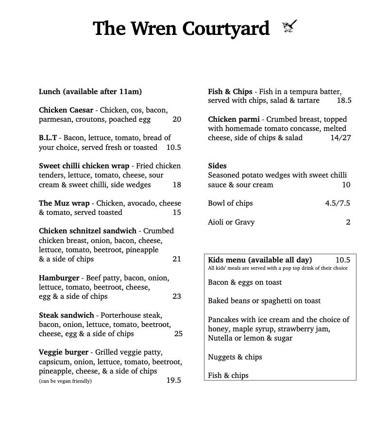 Menu at The Wren Courtyard cafe, Echuca